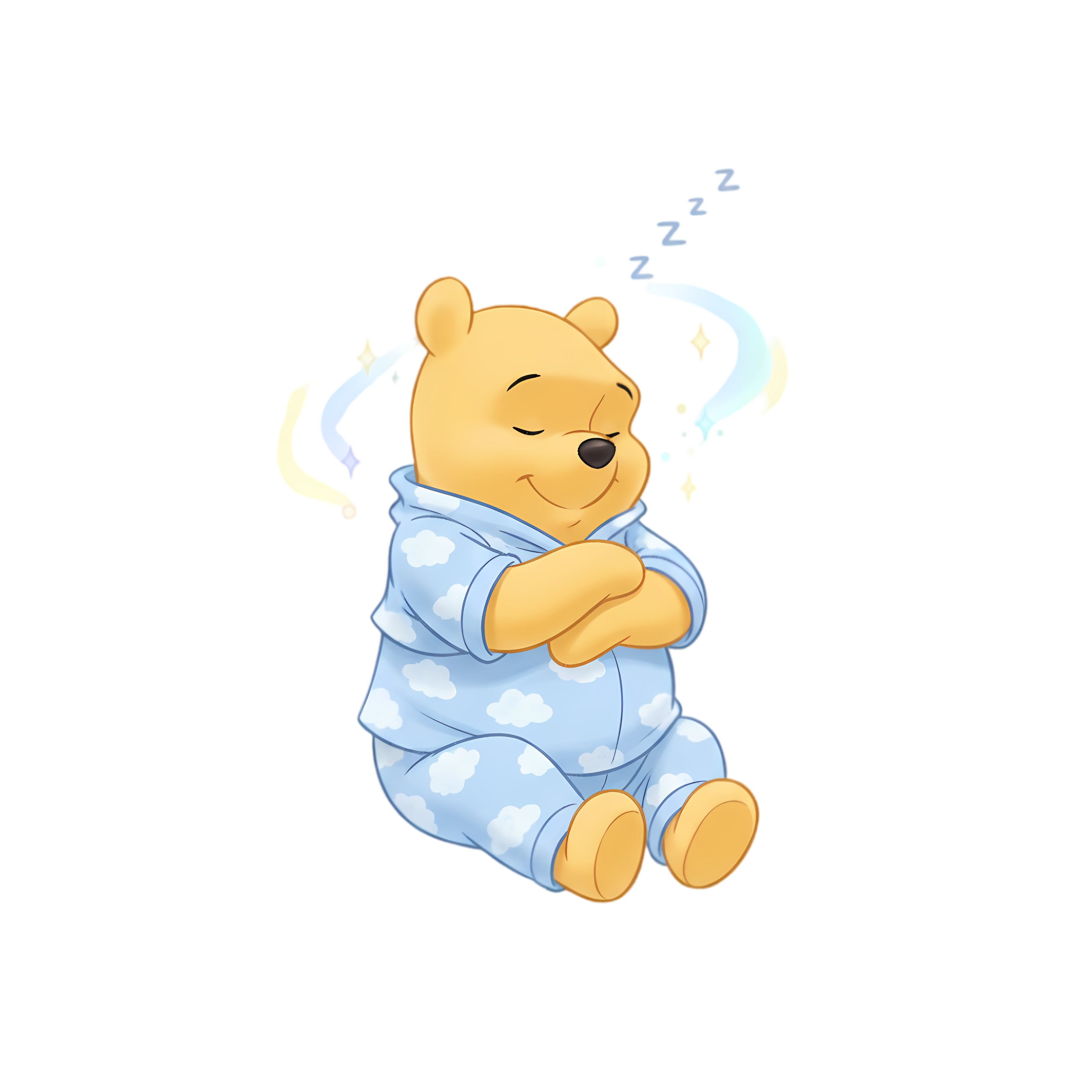 winnie the pooh sleeping peacefully in blue pajamas