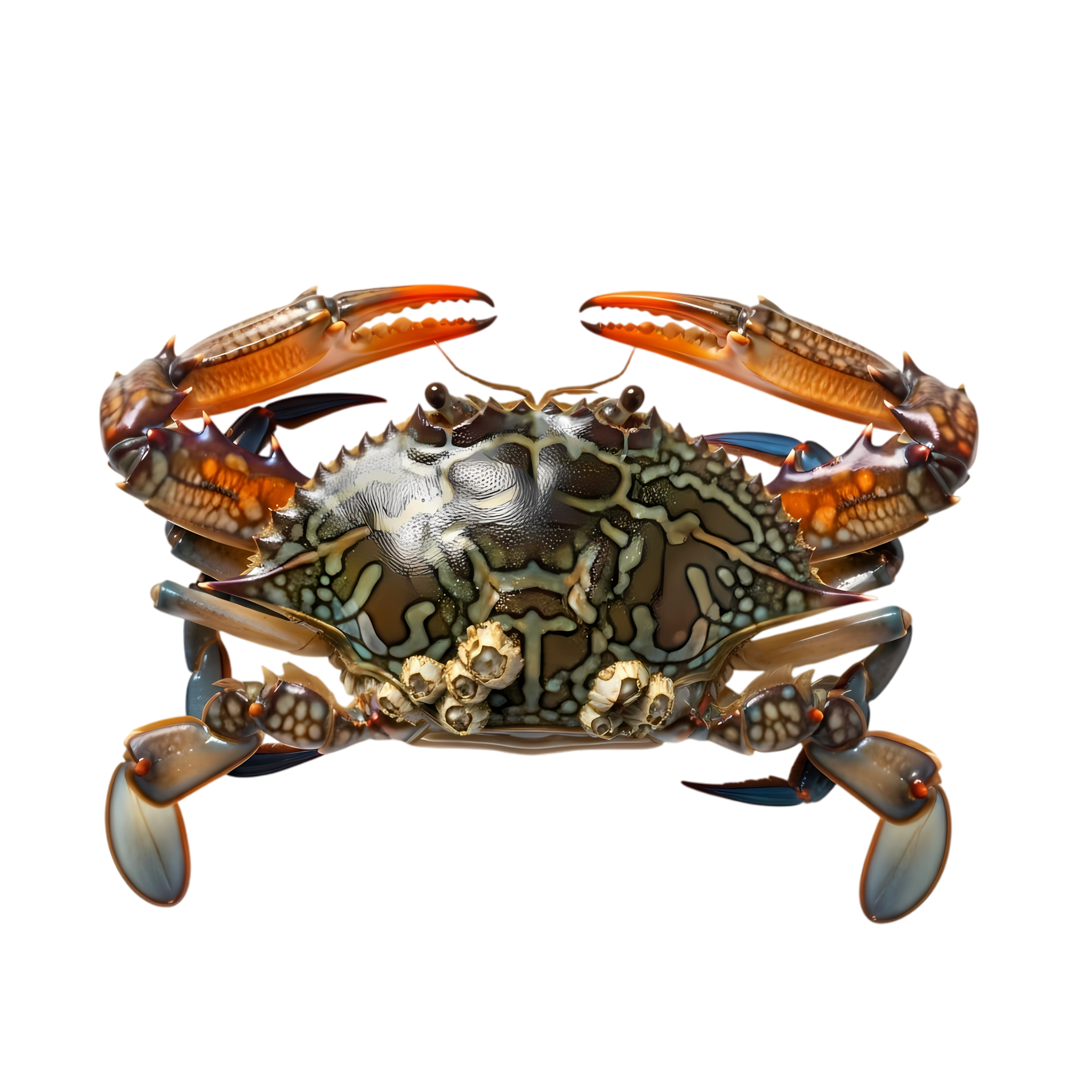 blue crab with bright claws and textured shell