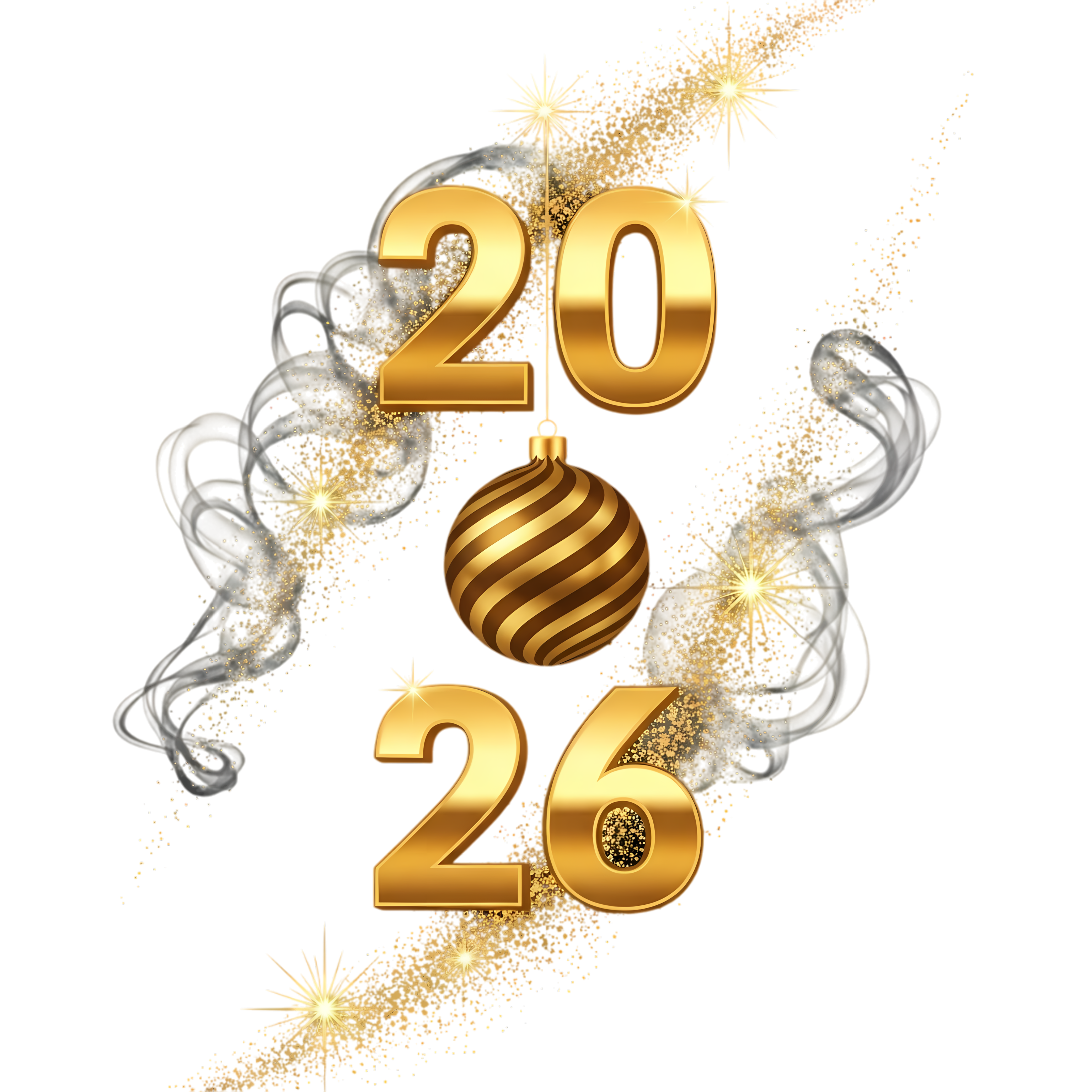 elegant golden 2026 typography with hanging ornament