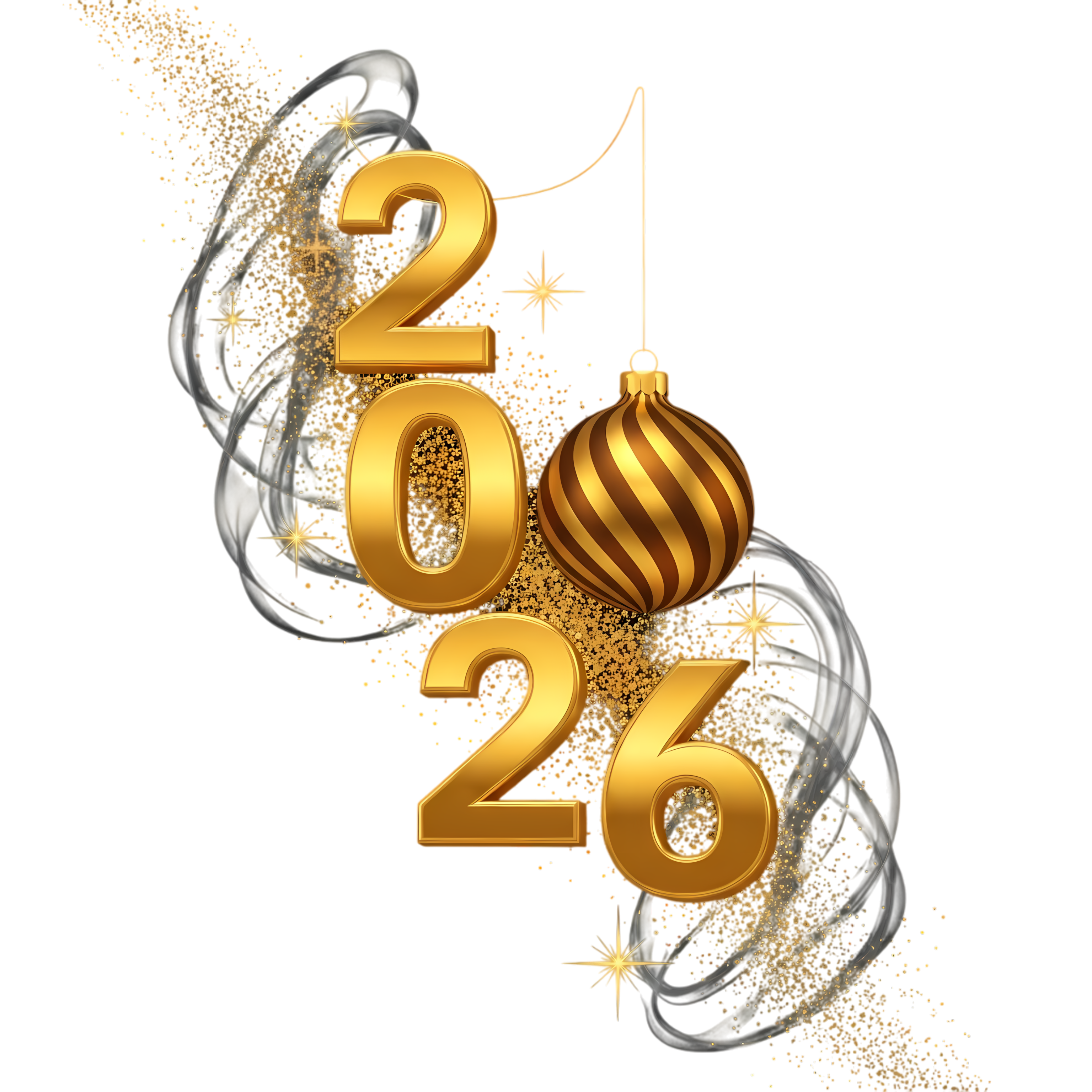 golden 2026 typography with hanging ornament