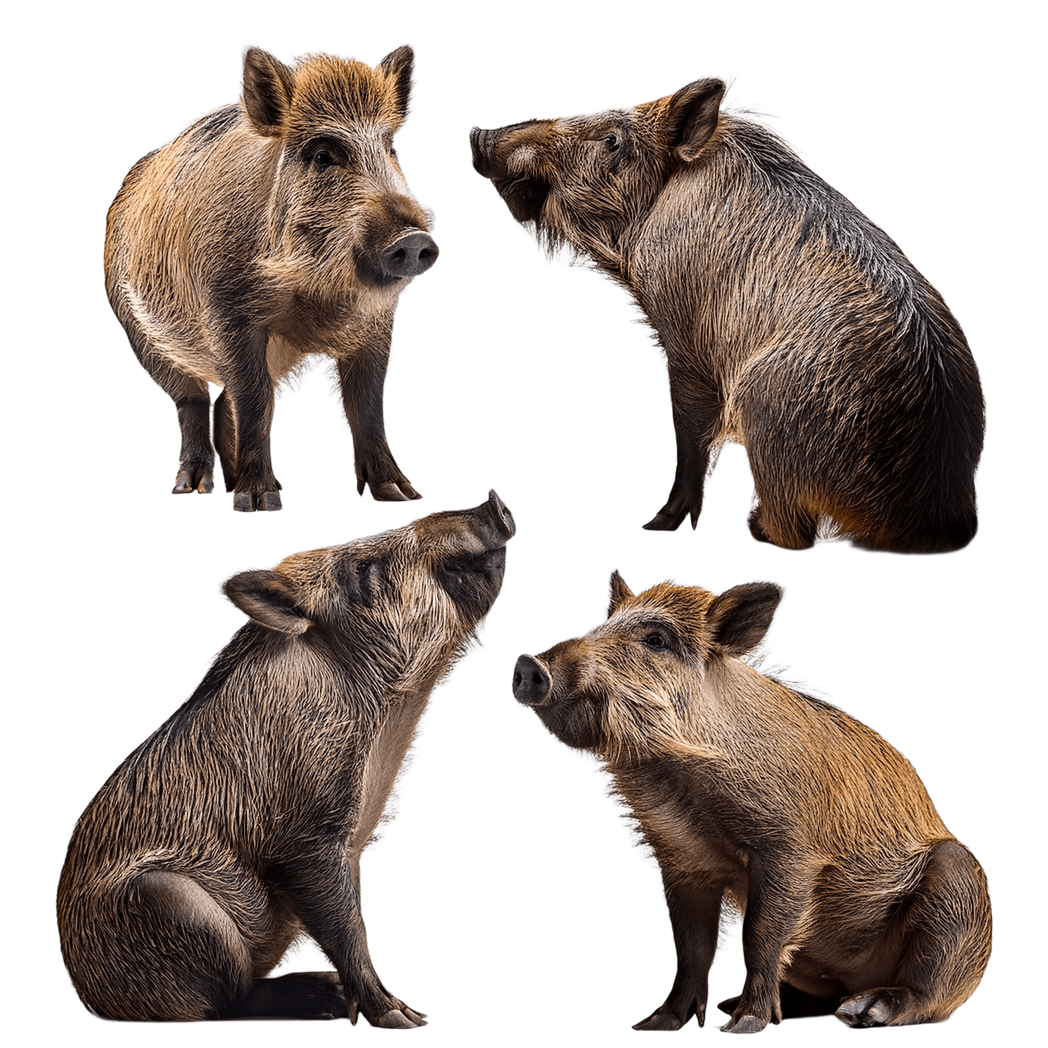 three wild boars in standing and walking poses png