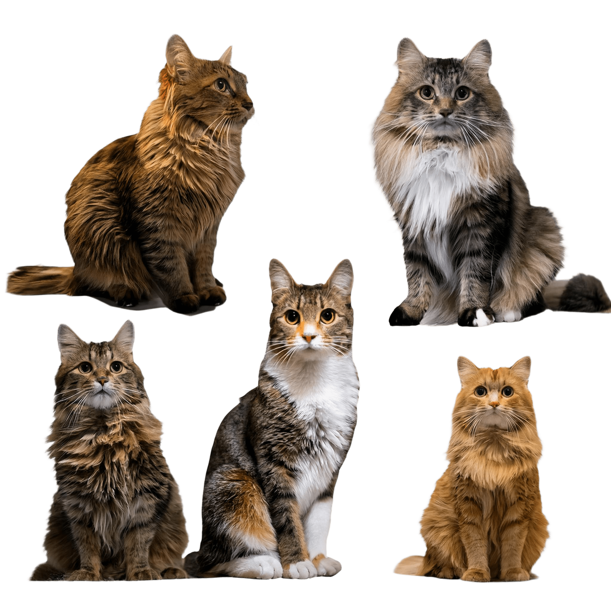 four cats sitting in natural poses png