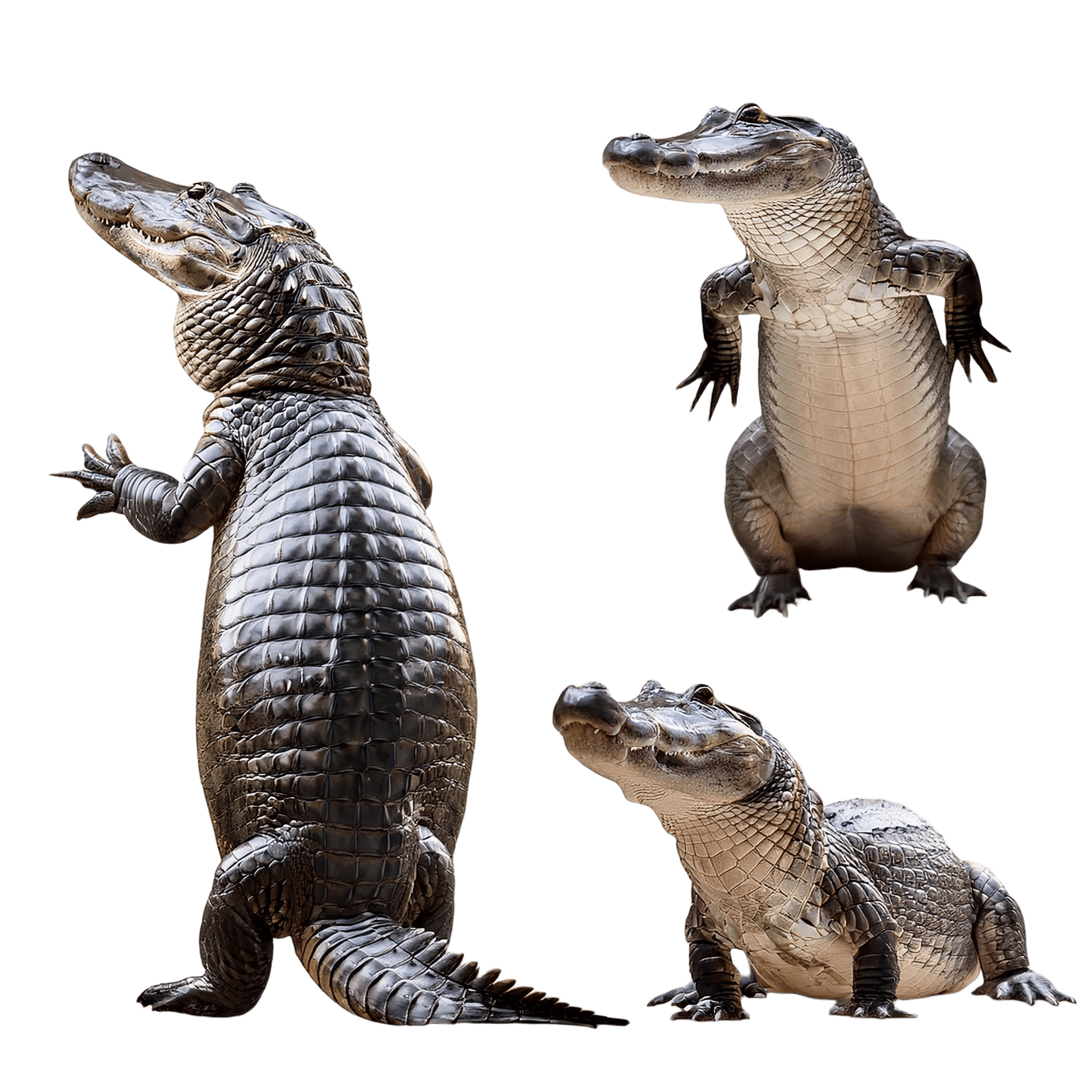 group of caimans in alert and relaxed positions png