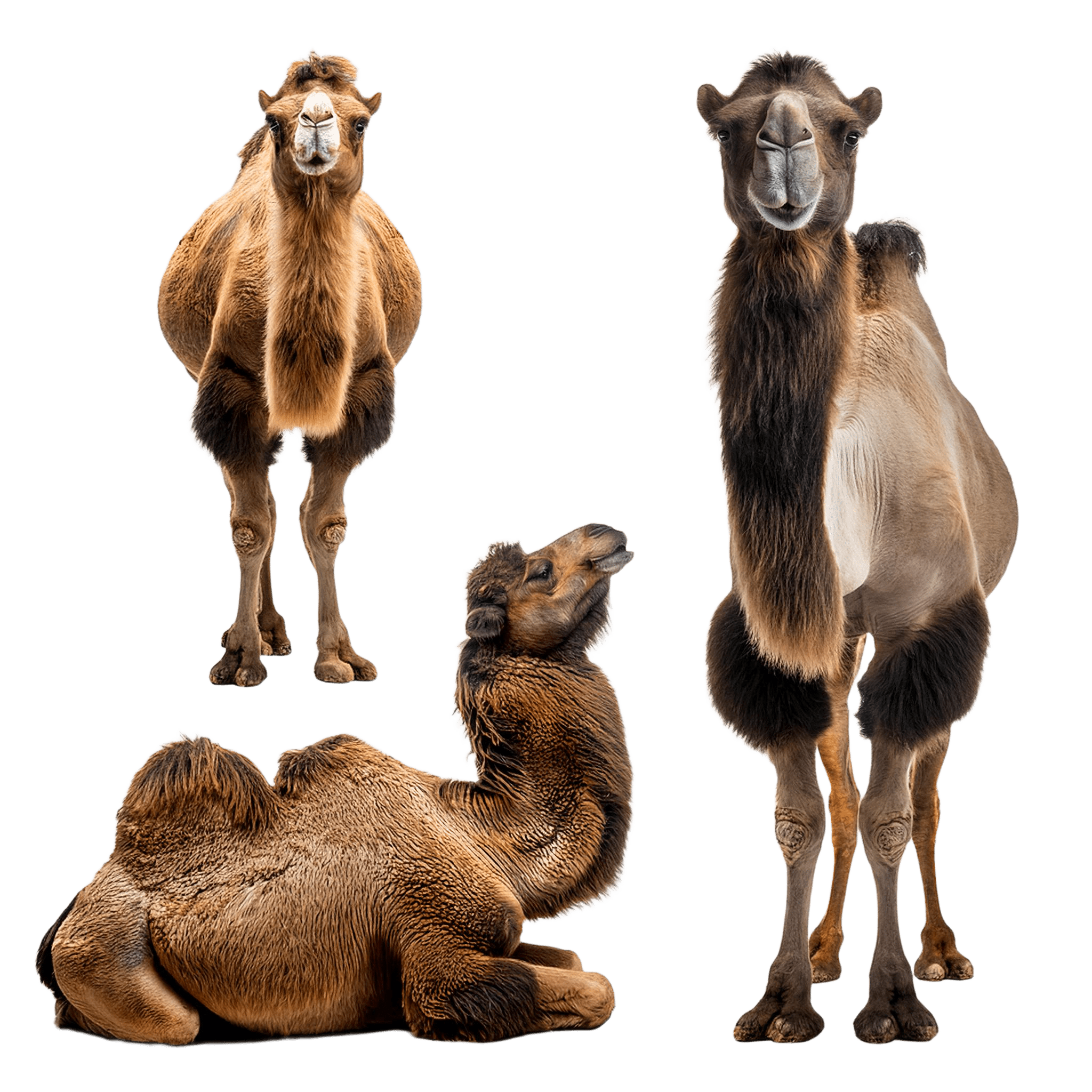 group of camels in sitting and standing poses png