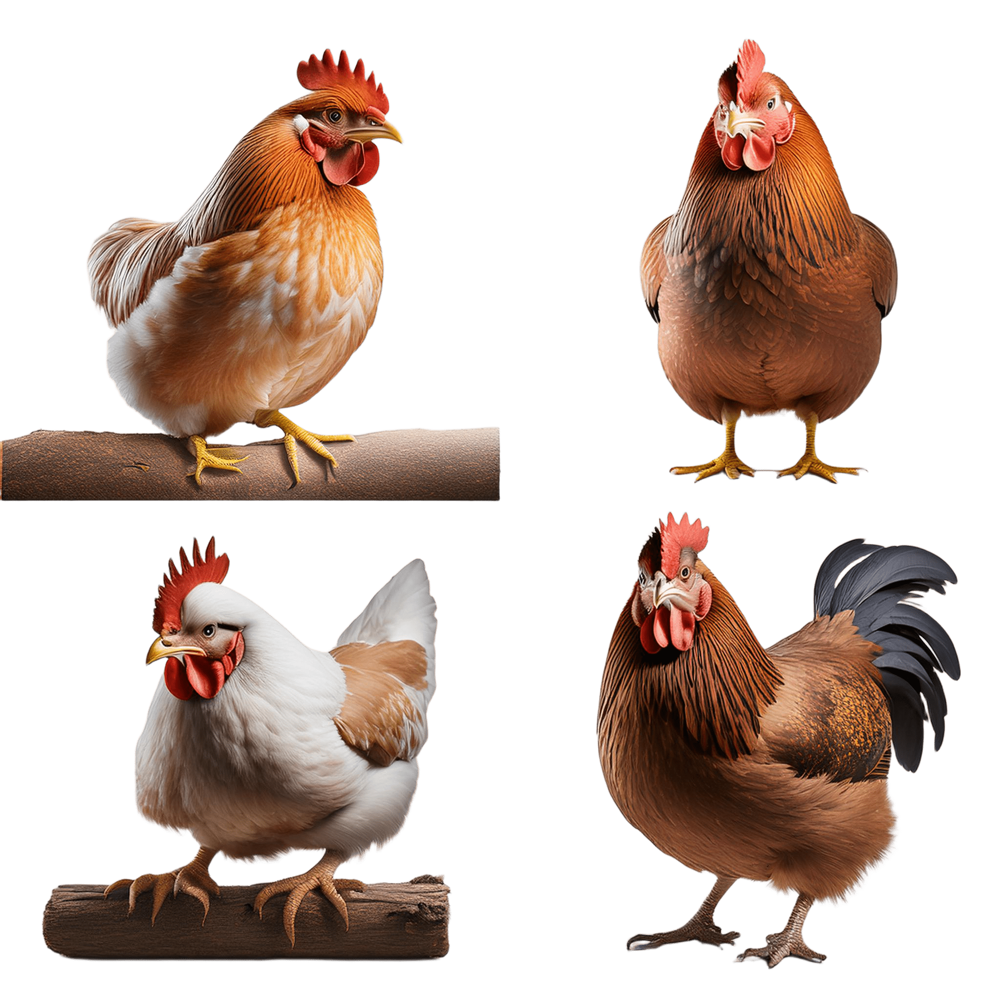 group of chickens perched on a wooden branch png