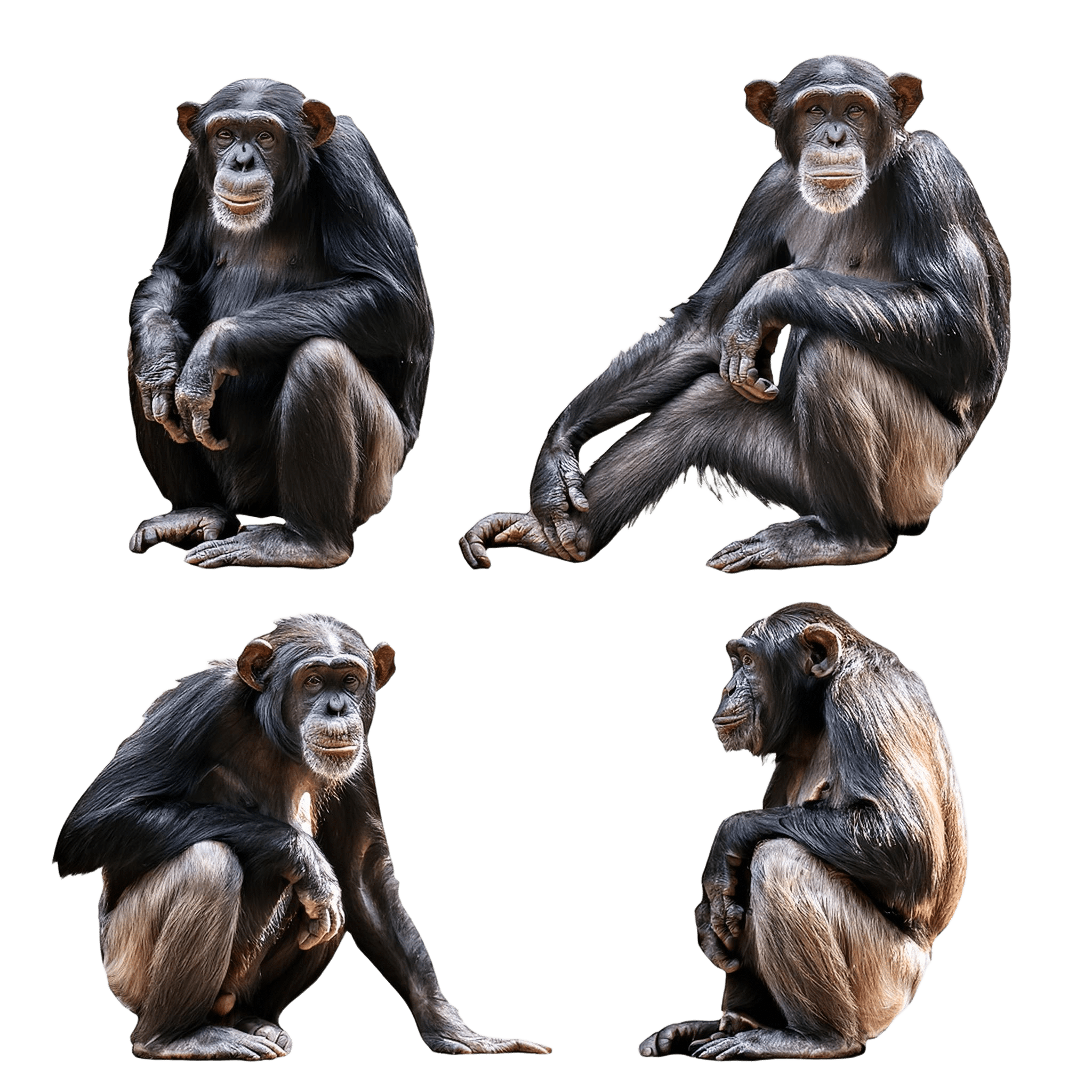 group of chimpanzees in sitting and standing poses png