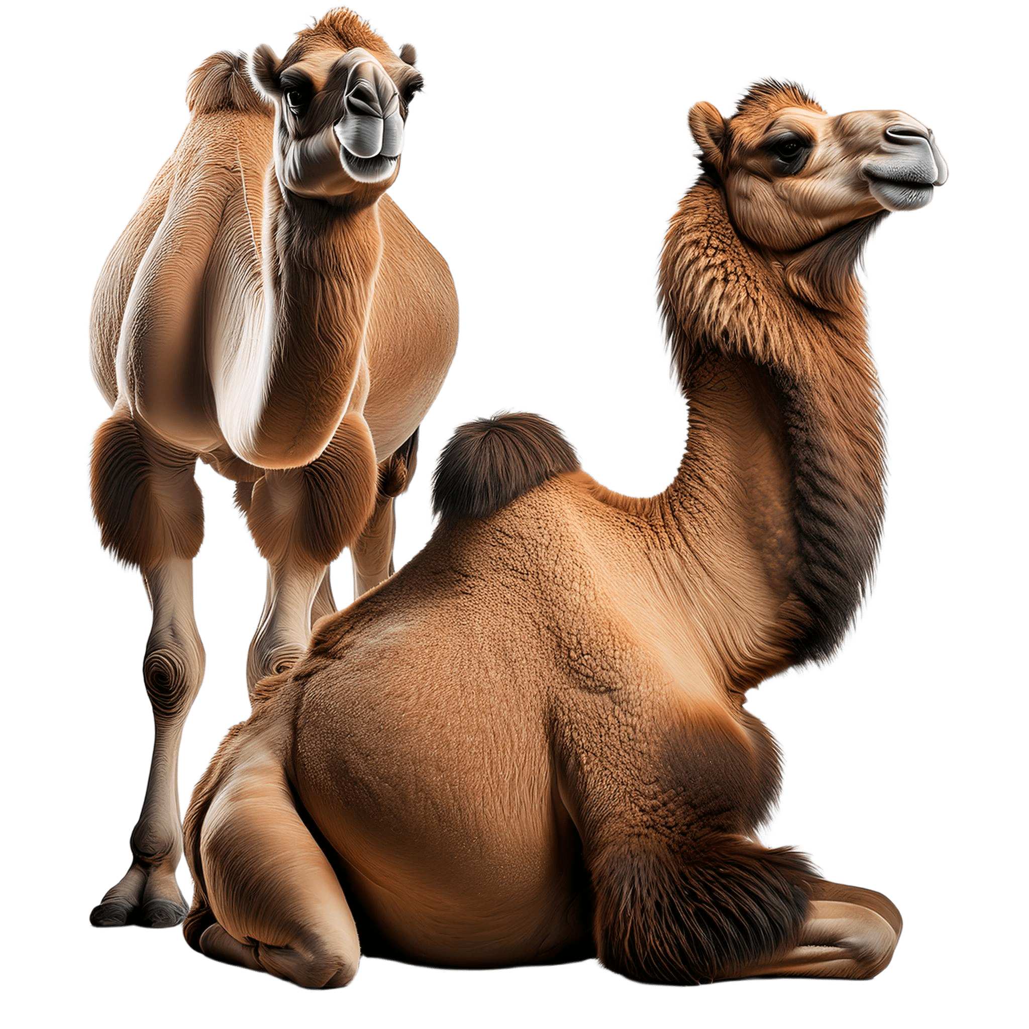 pair of camels relaxing in a desert setting png