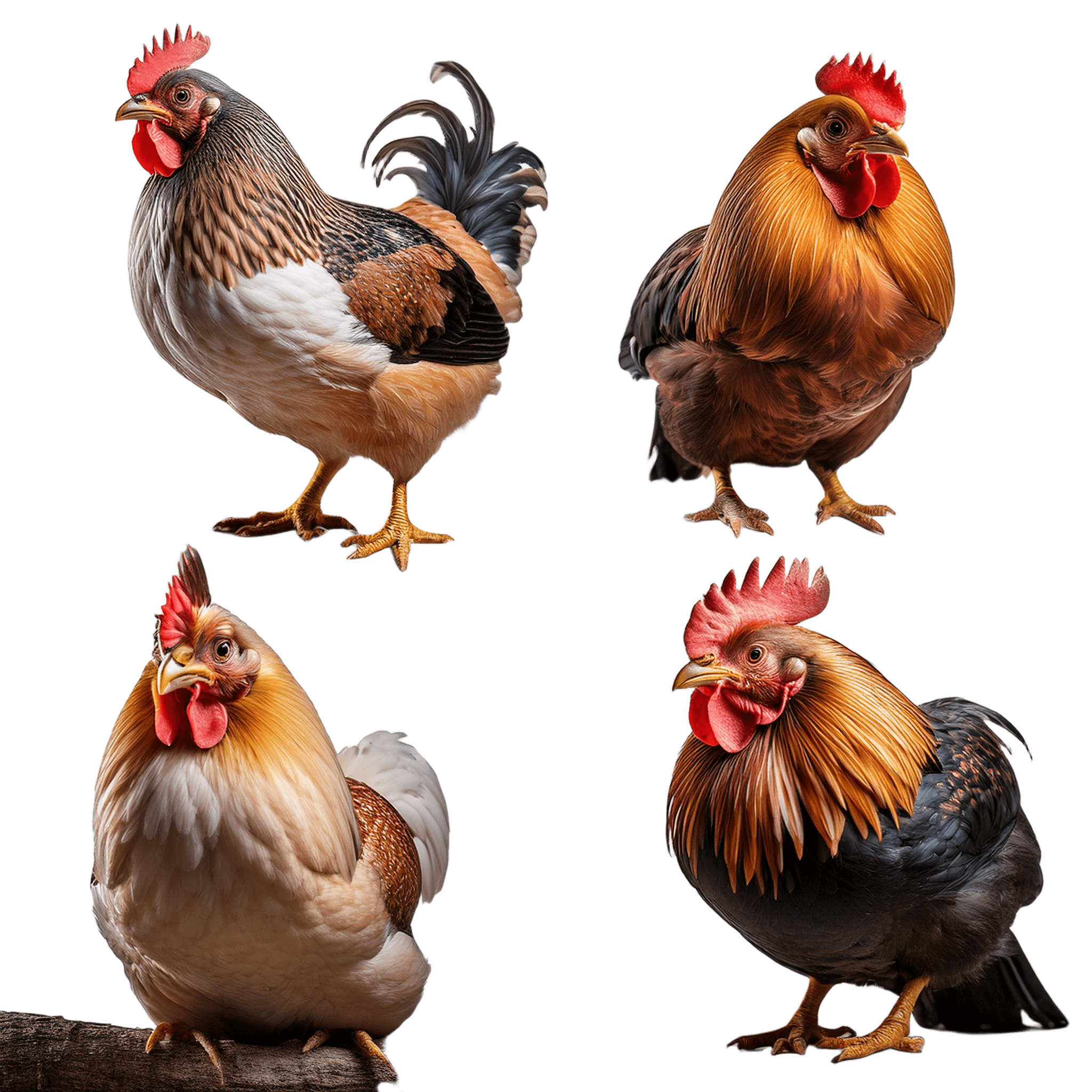 Four Chickens in Varied Poses, Wooden Branch