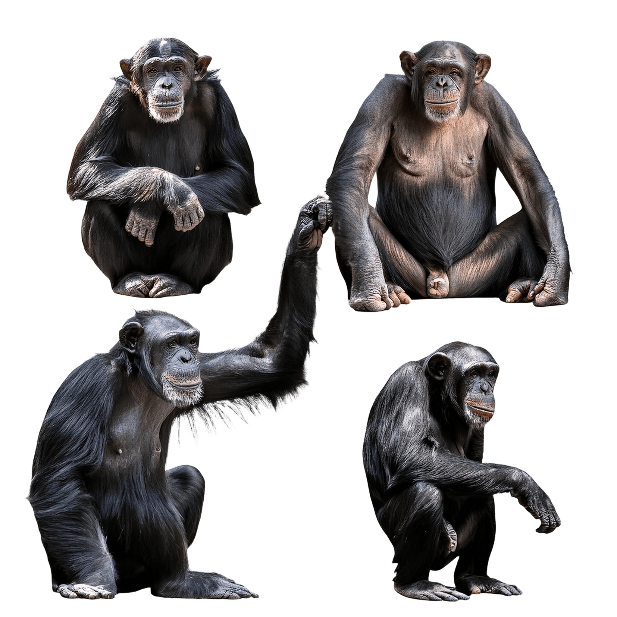 two chimpanzees in standing and sitting positions png
