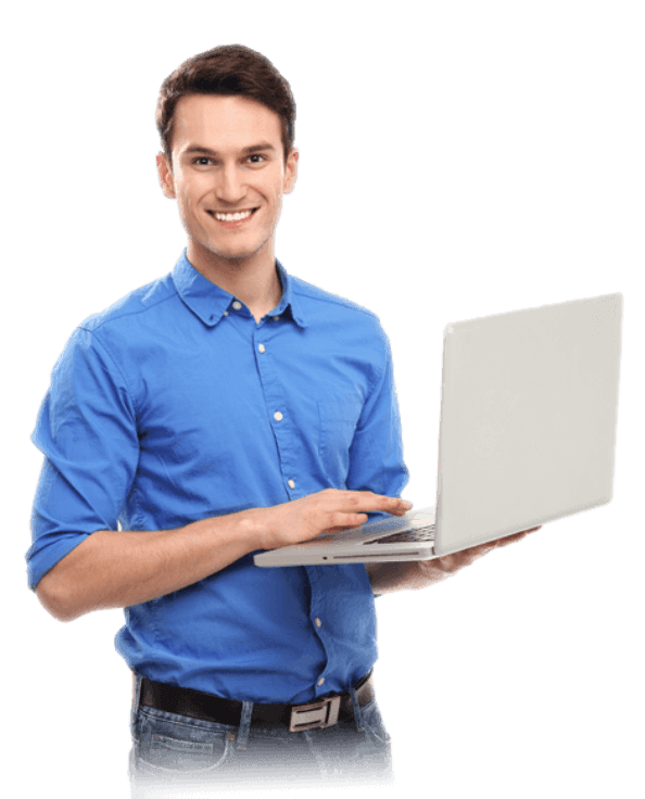 Smiling Man with Silver Laptop in Blue Shirt