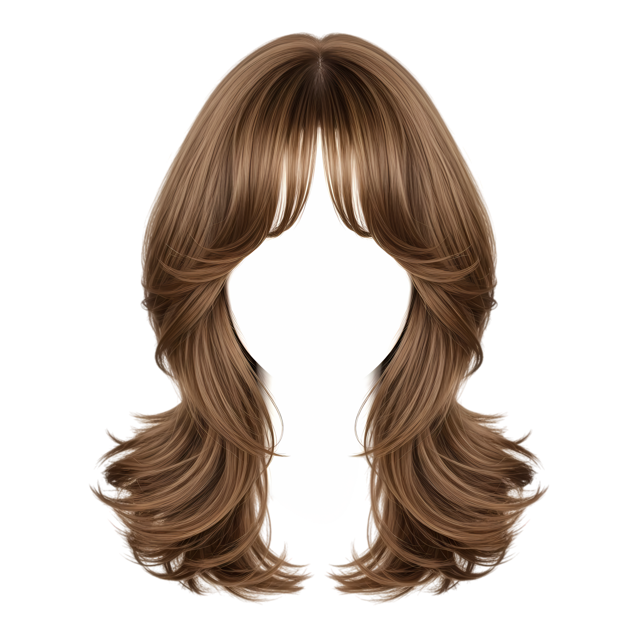 curtain bangs hairstyle layered medium hair light caramel brown