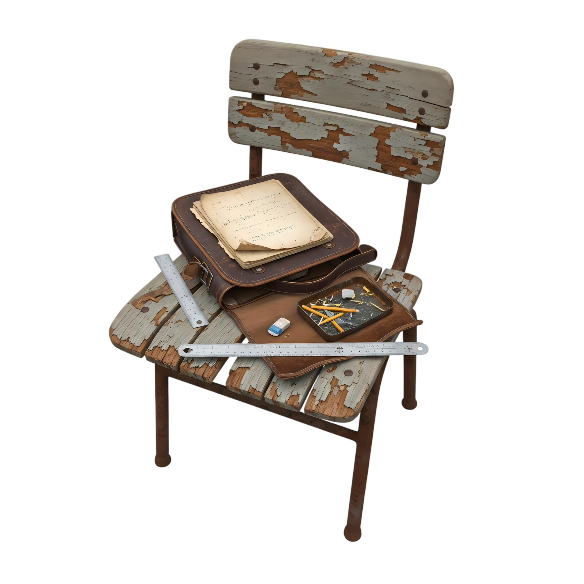 full view chair with decayed bag and rusty school tools
