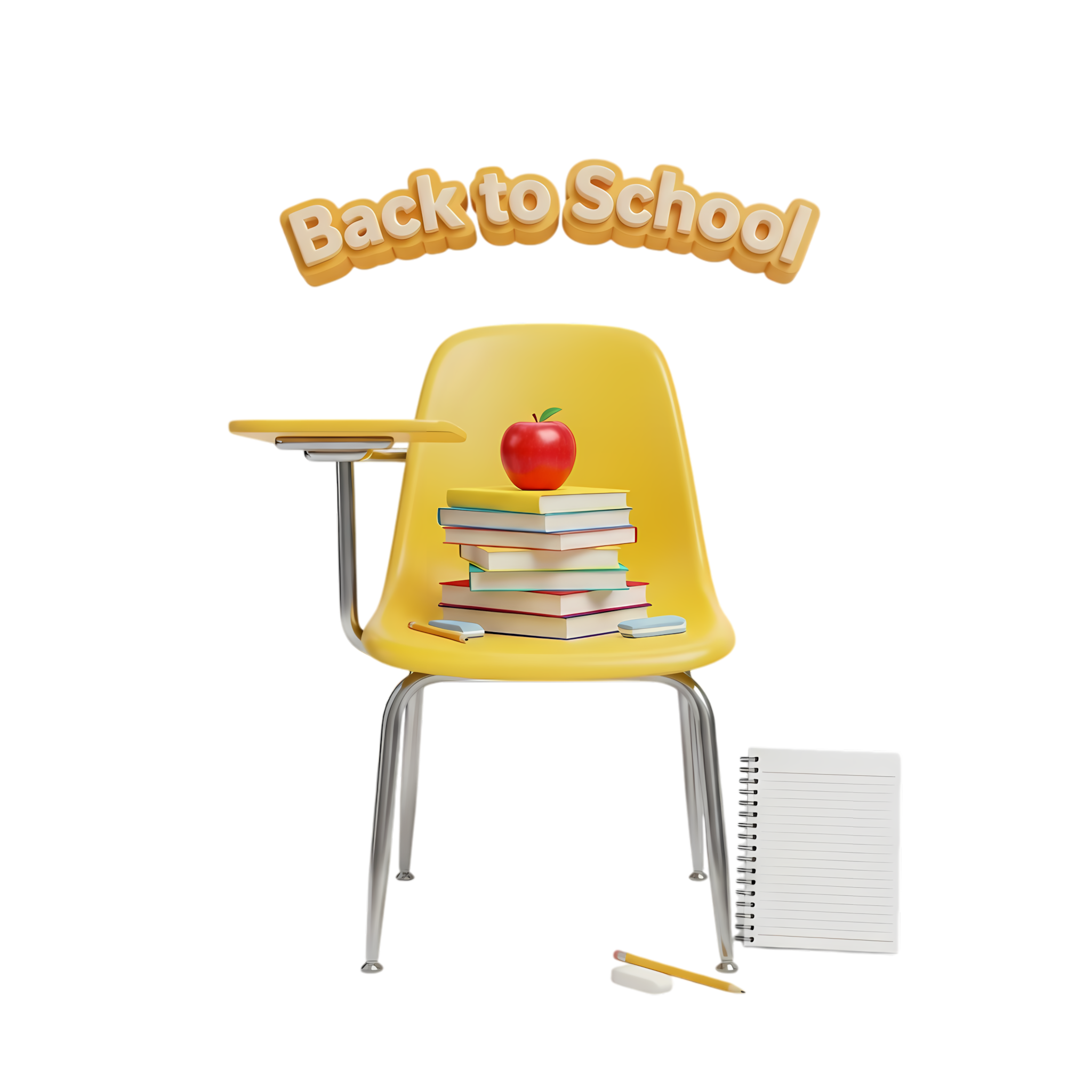 hd 3d render chair apple and books with floating typography - Free Png Download | Seekpik