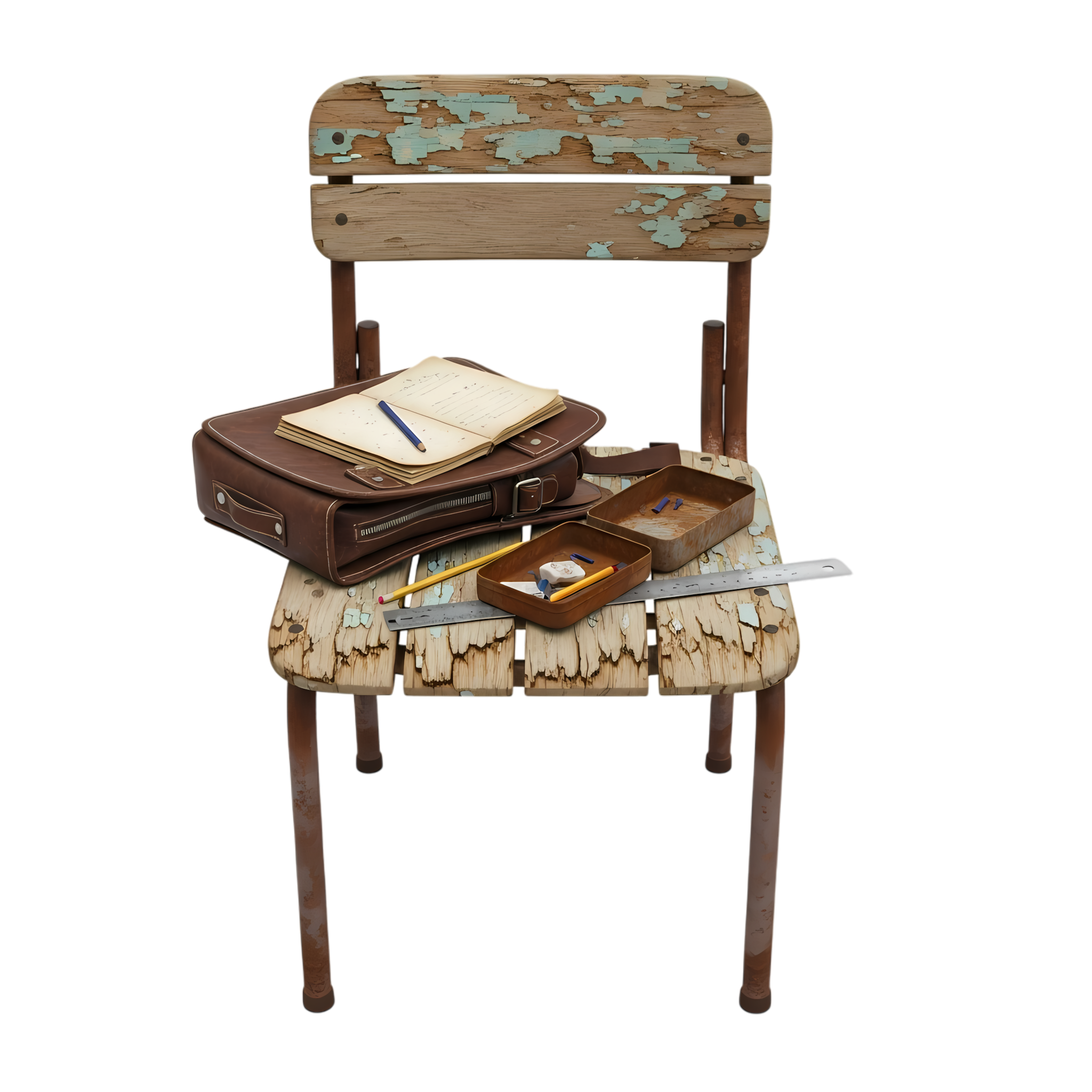 old classroom study chair with tools