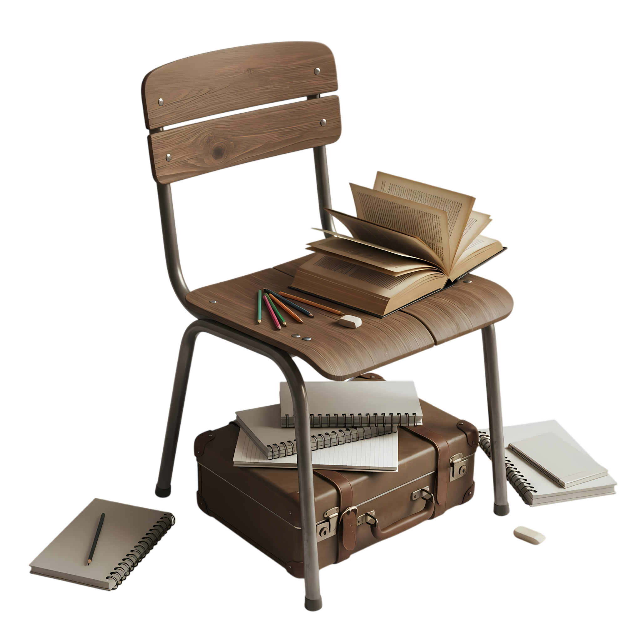 old wooden classroom chair with study supplies