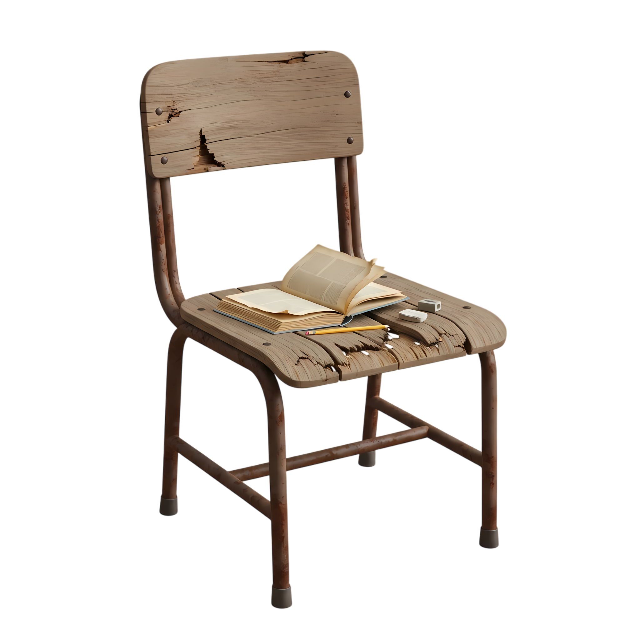 retro study chair with sharpener and damaged paper