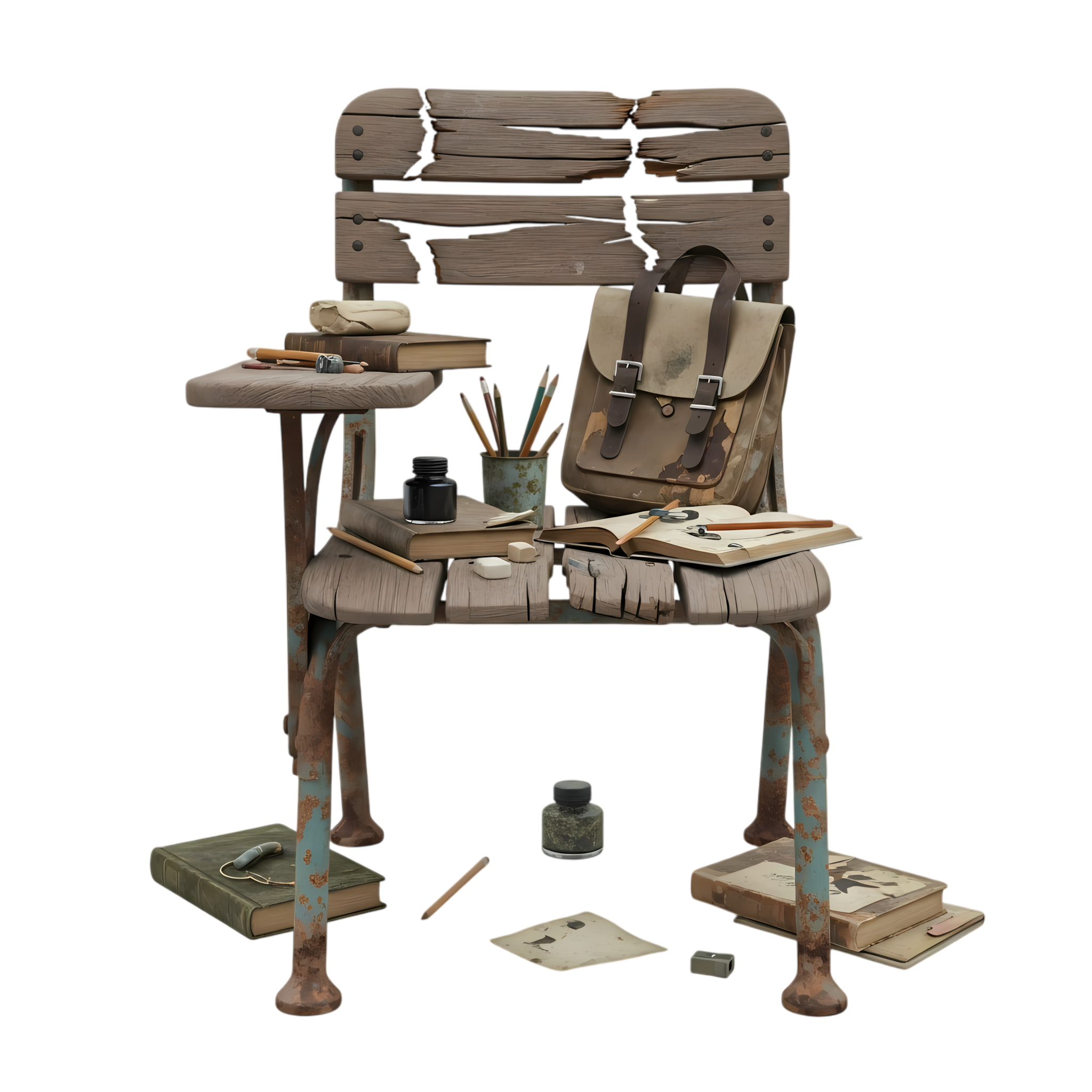 retro wooden chair with worn school materials