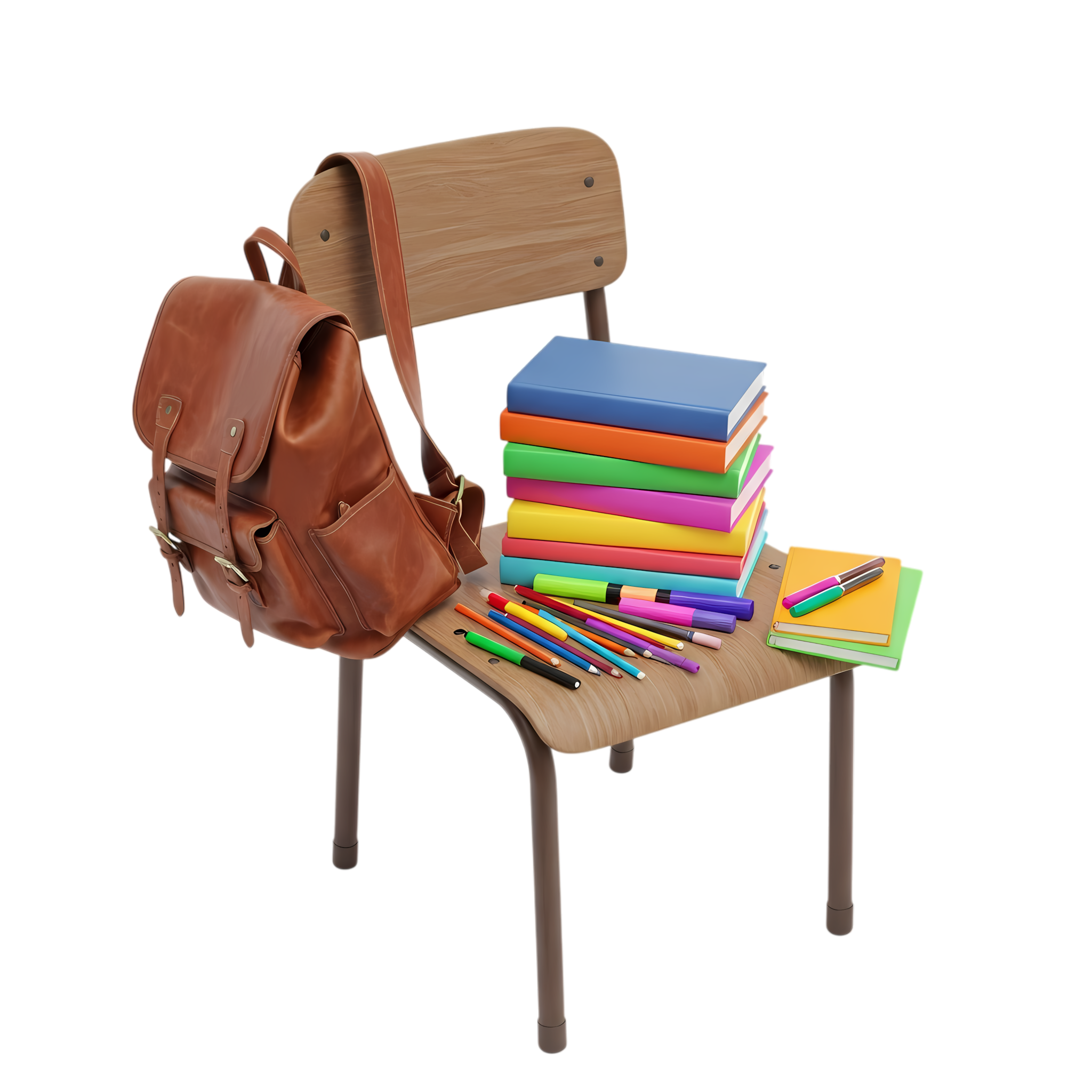 school backpack and supplies on wooden chair