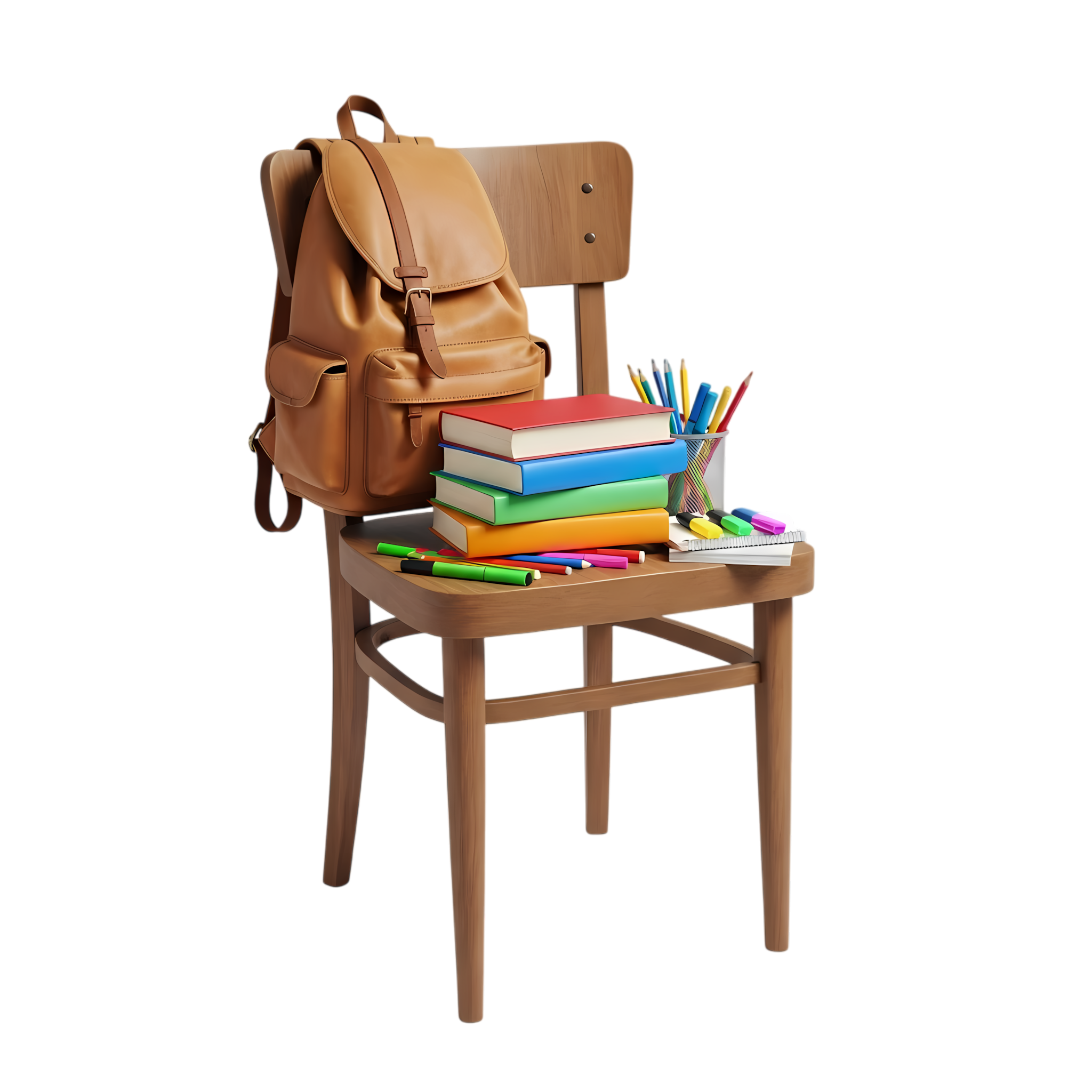 school chair with wooden frame and backpack