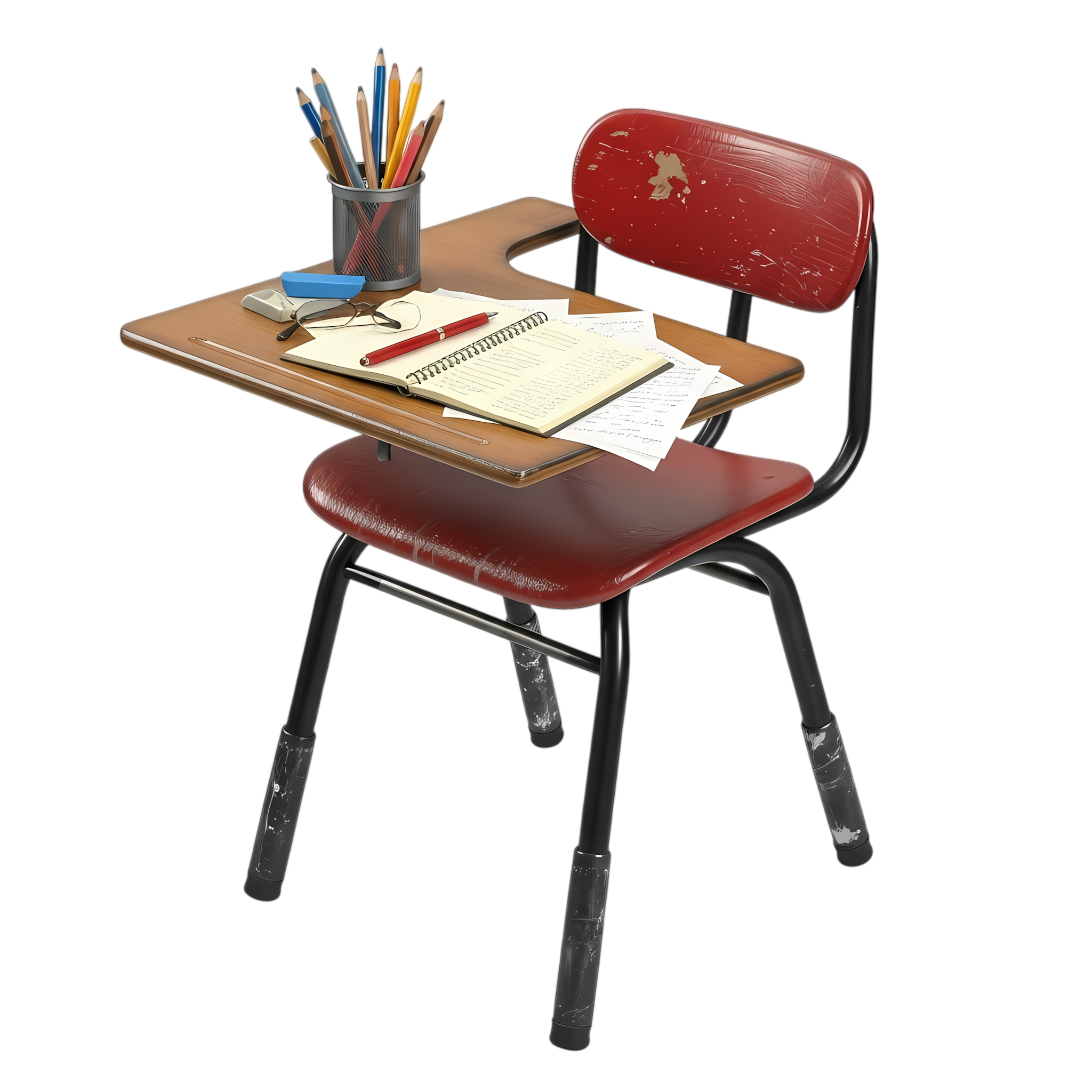 school desk and chair with study supplies