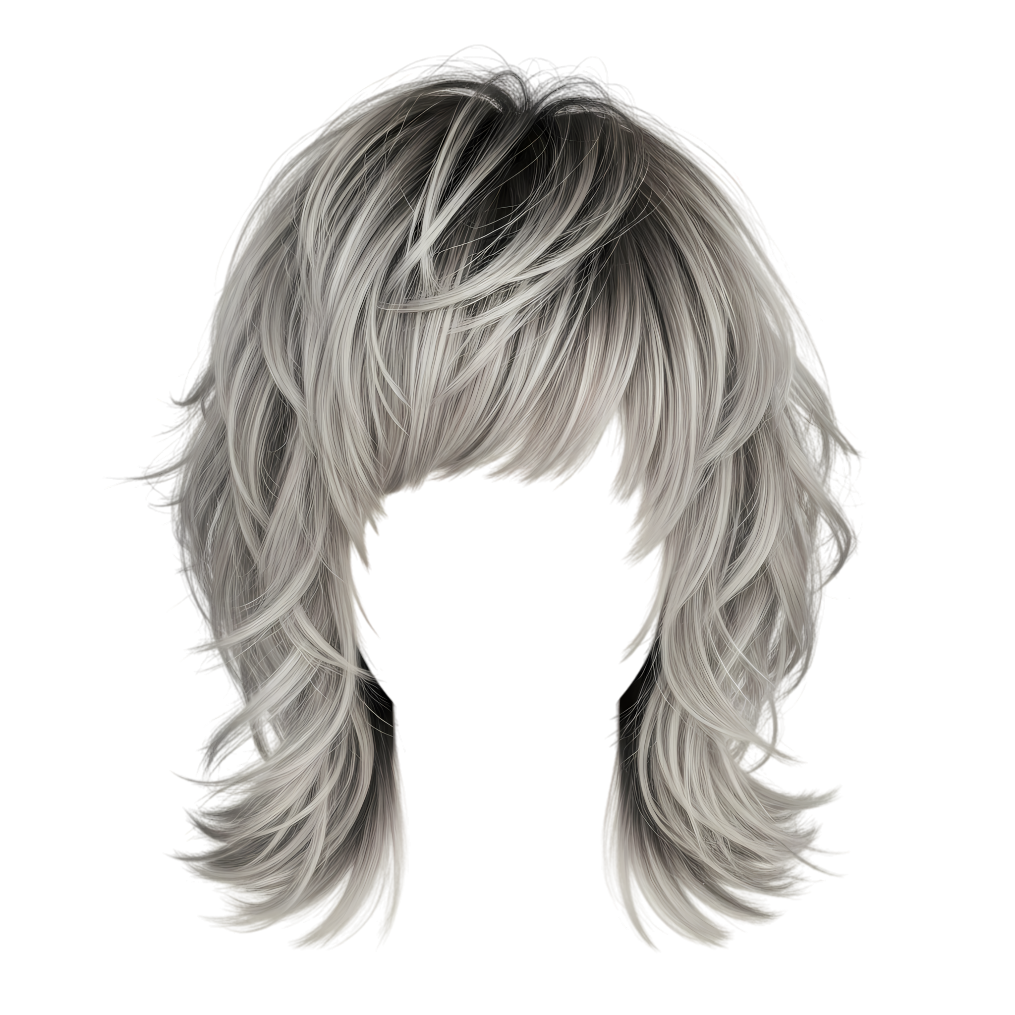 wolf cut hairstyle shaggy layers ash blonde with dark roots