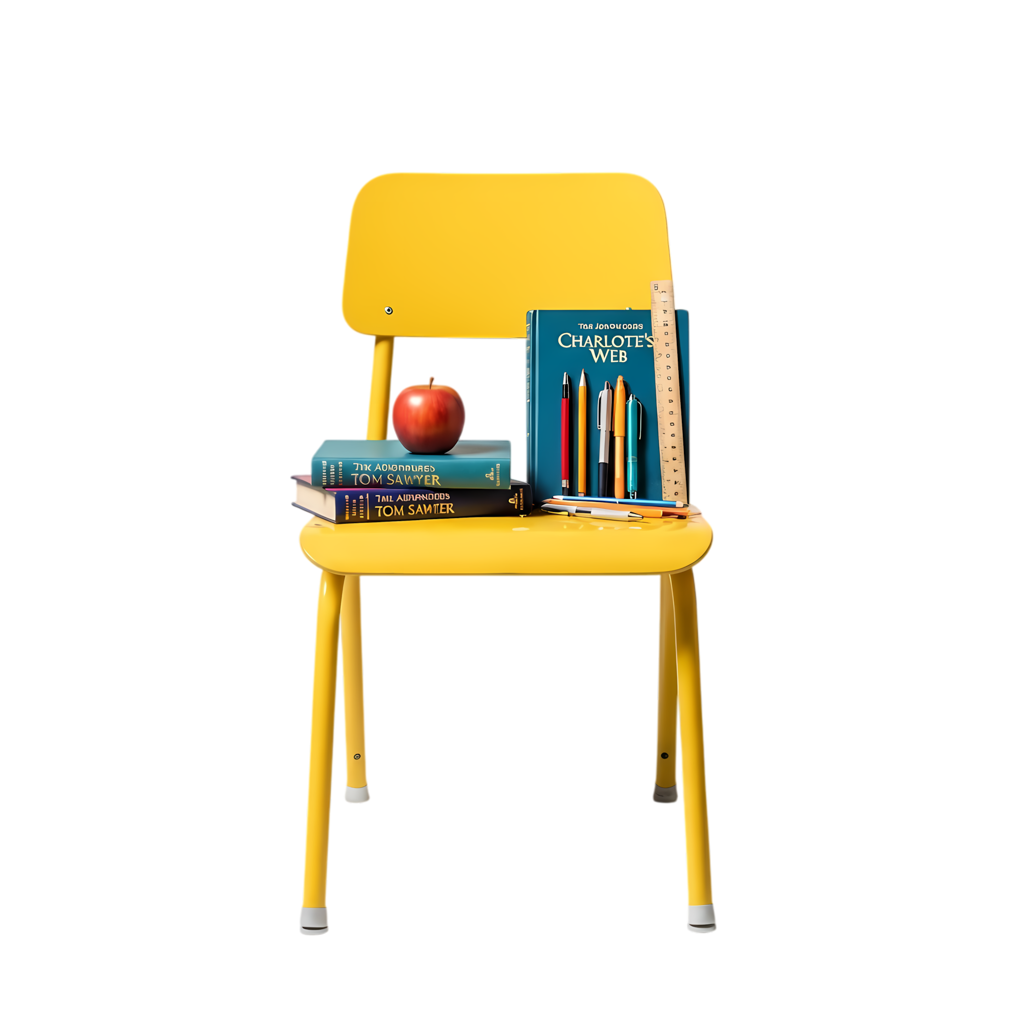 yellow school chair with books and apple