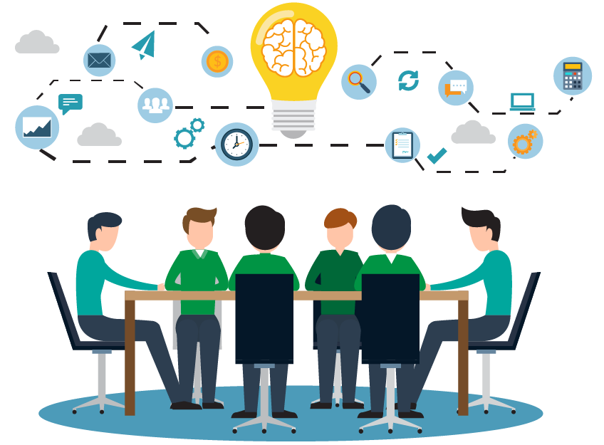 Flat Team Meeting under Glowing Lightbulb