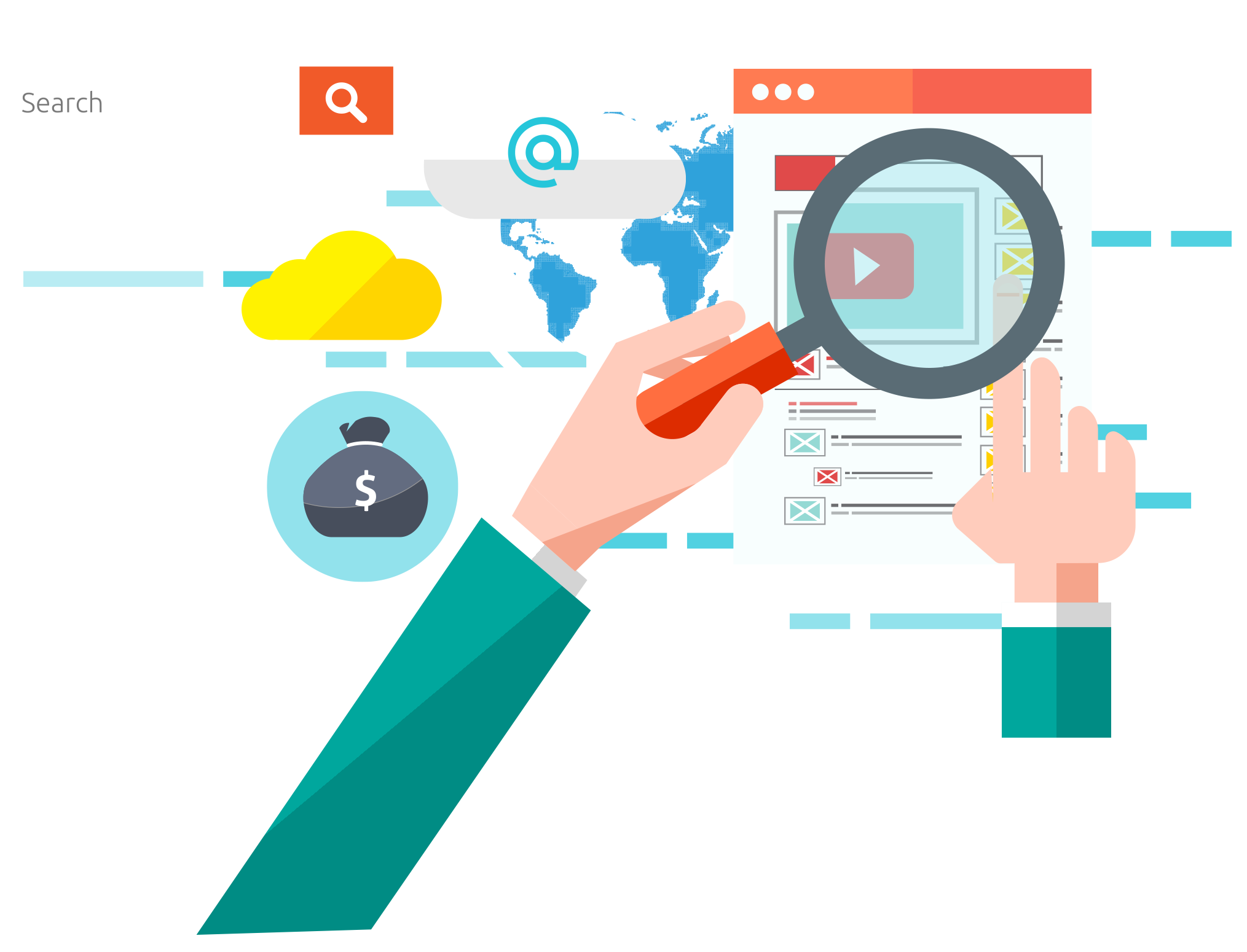 Flat Hand Magnifying Glass over Web Page
