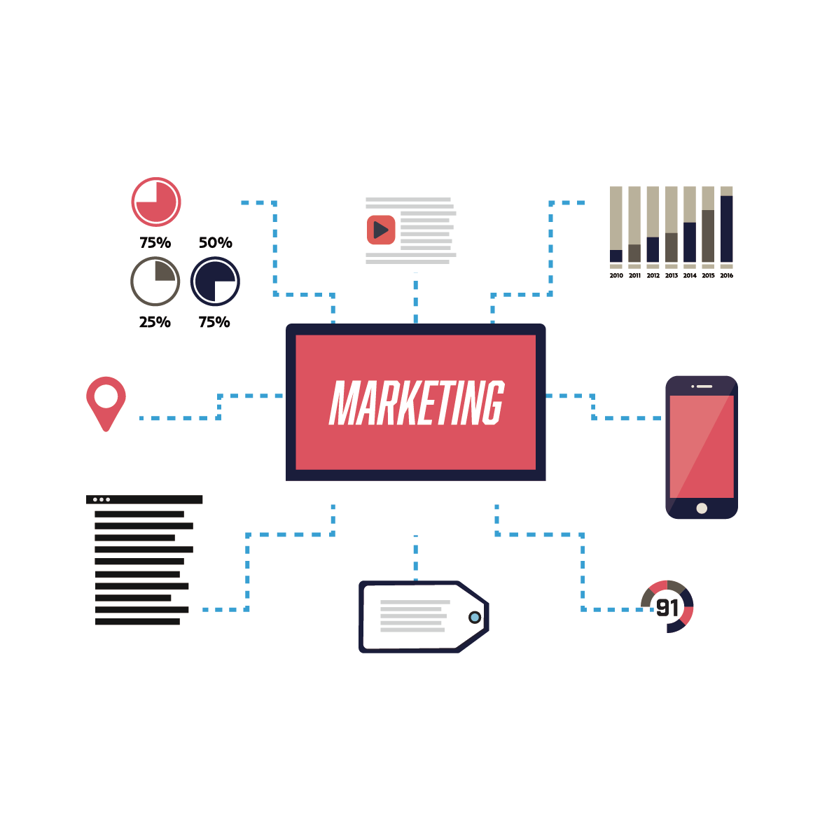 Red Marketing Monitor Infographic with Icons