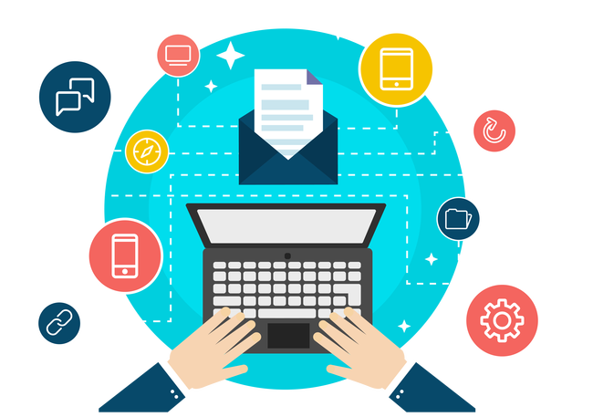 digital marketing email marketing search engine optimization business vector hand to operate the computer