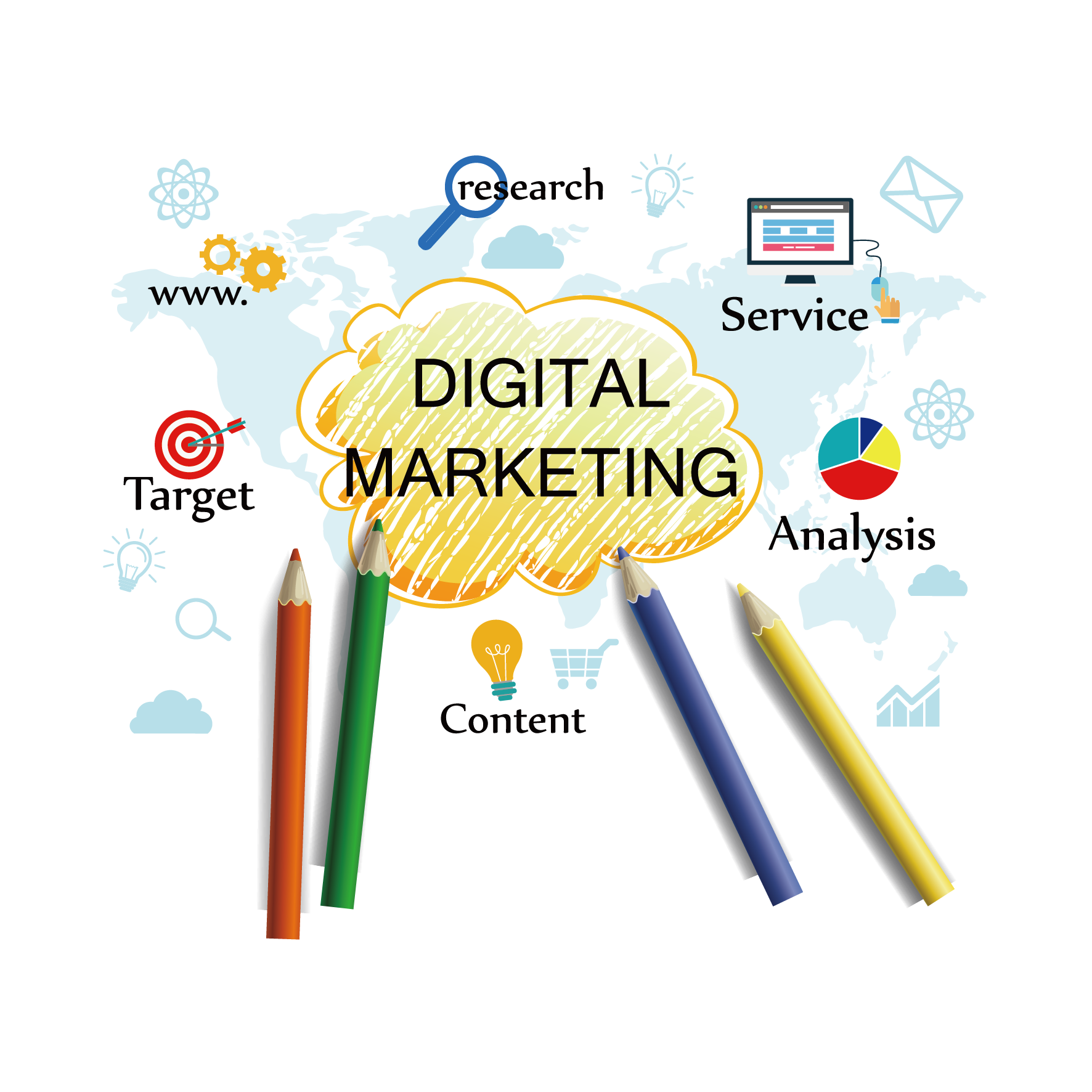 digital marketing social media marketing search engine optimization business vector map and color pen