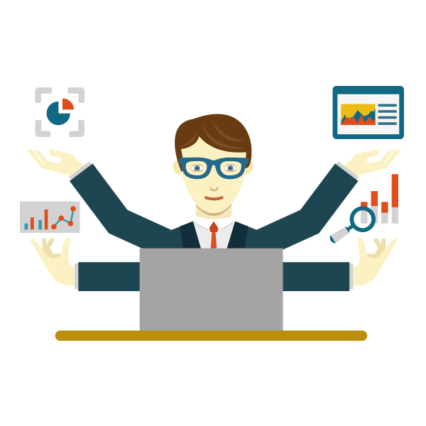 Four-Armed Businessman Juggling Charts and Graphs