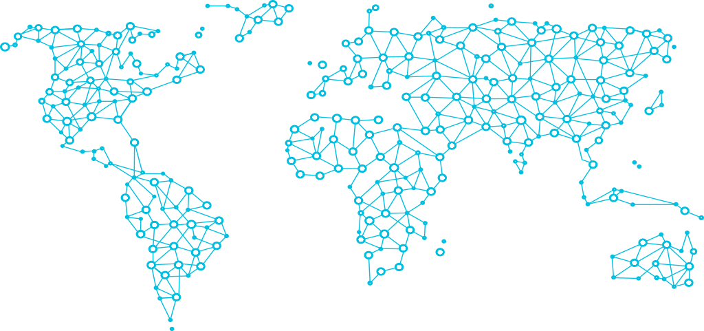Cyan Wireframe World Map with Nodes