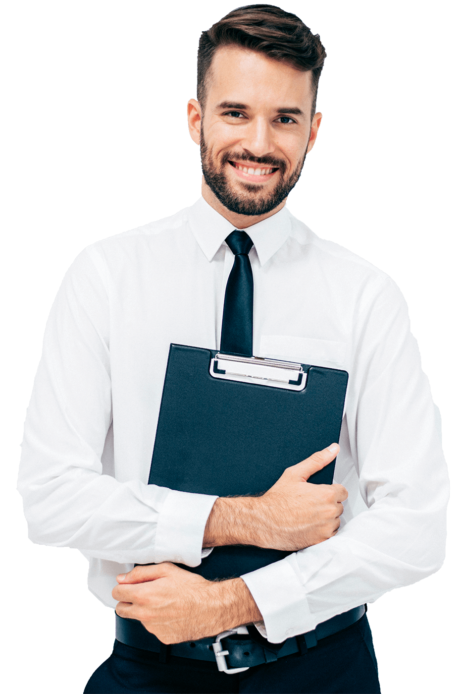 Smiling Businessman in White Shirt and Navy Tie