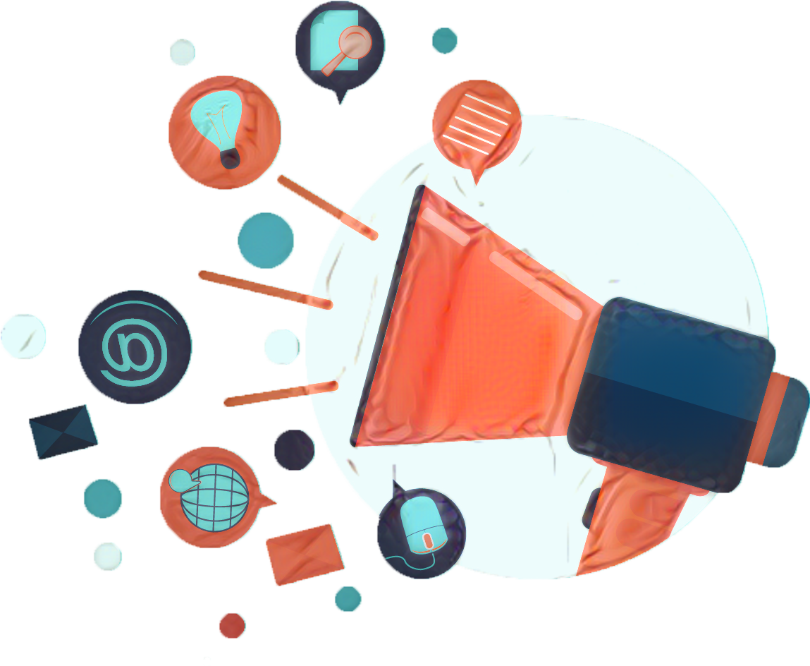 Orange Megaphone with Flat Marketing Icons