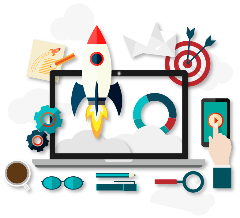 Flat Rocket Launching from Laptop Illustration