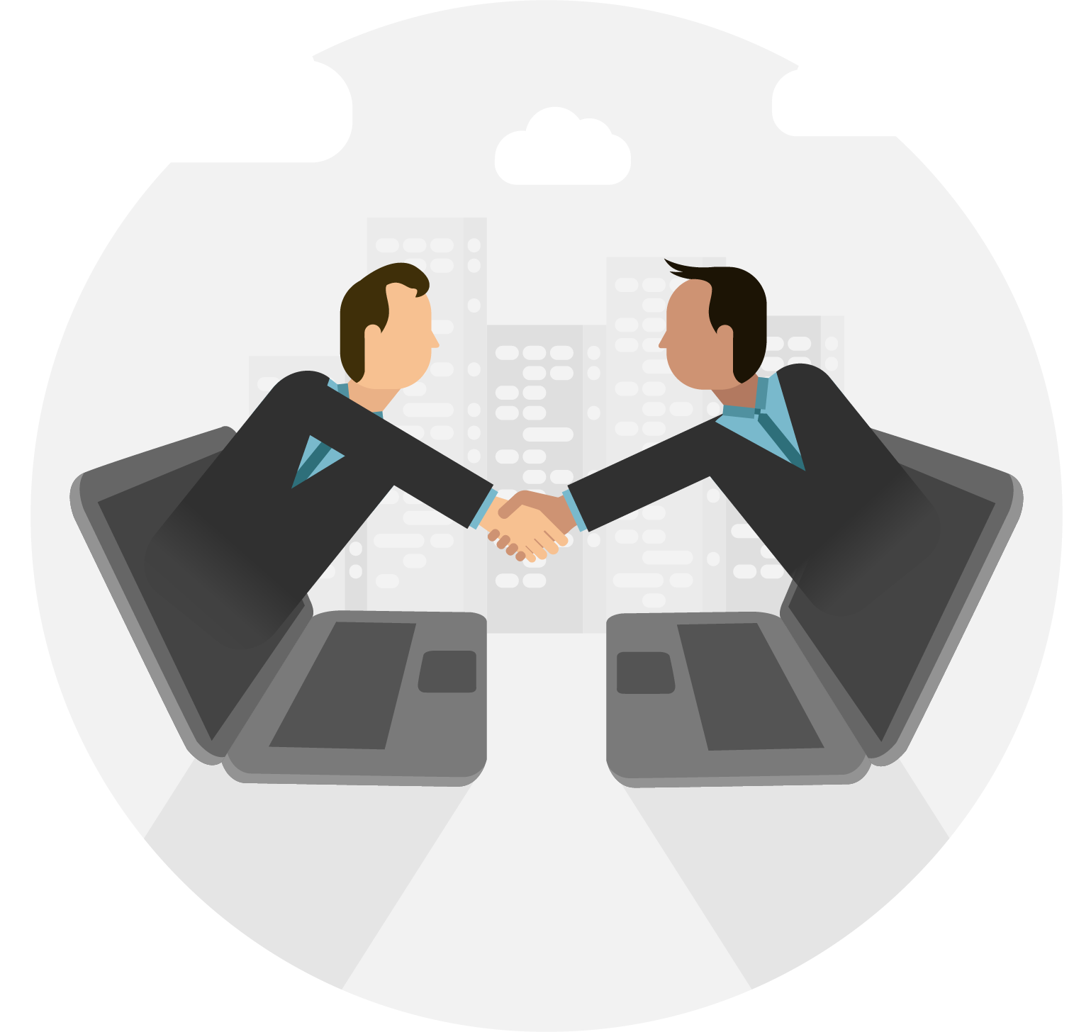 digital marketing electronic business internet e commerce vector hand painted people shake hands across the computer