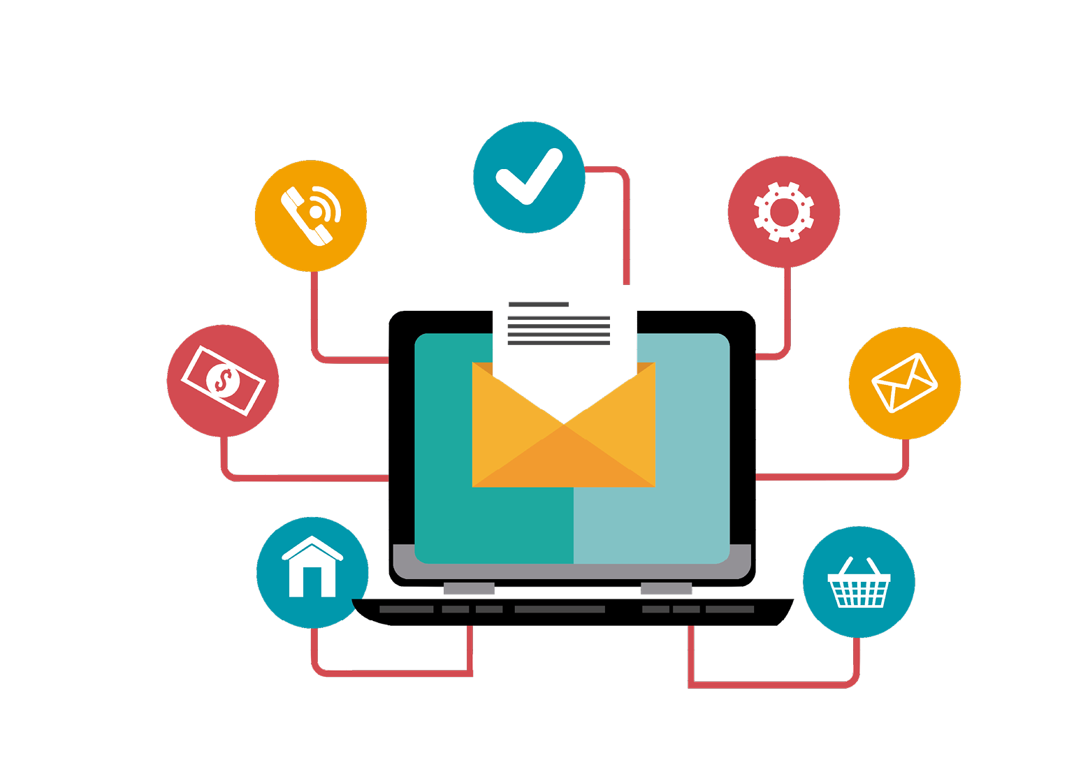 Laptop with Envelope and Colorful Marketing Icons