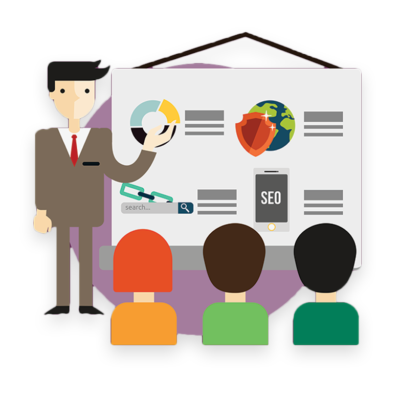 Cartoon Presenter Pointing at SEO Board