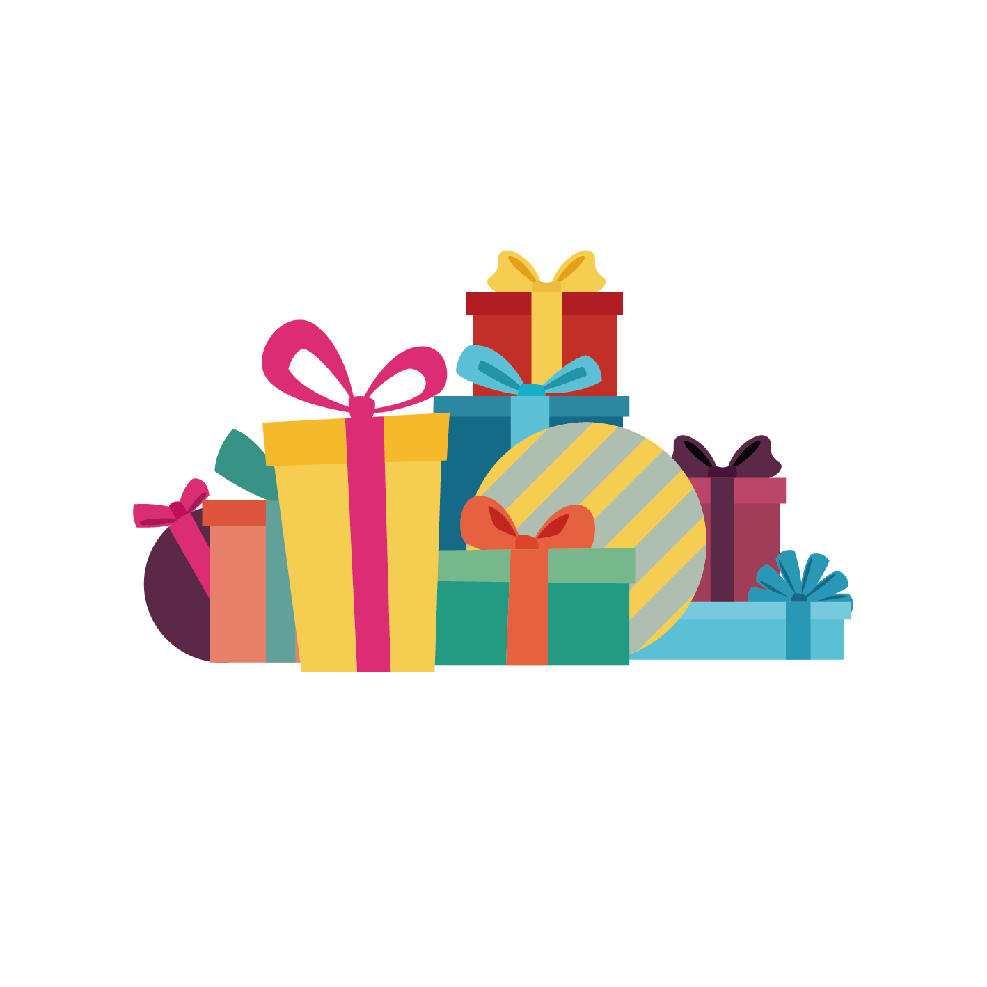 Stacked Gift Boxes with Pink, Yellow, Teal Ribbons