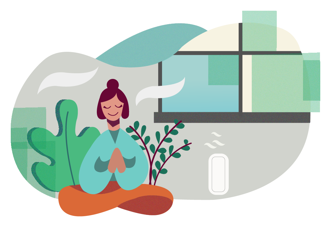 Woman Meditating Beside Leafy Plants Vector
