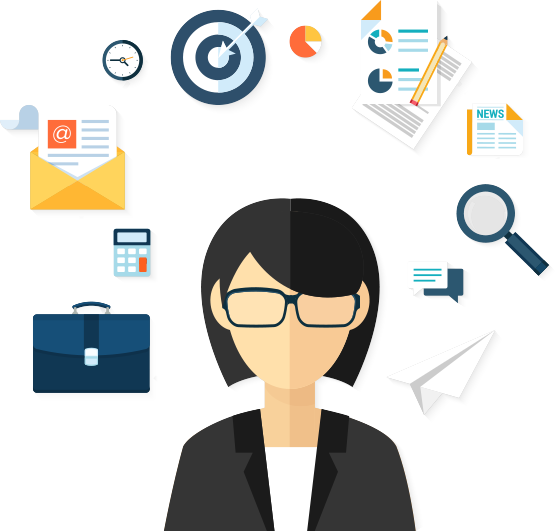 Flat Businesswoman with Glasses and Icons