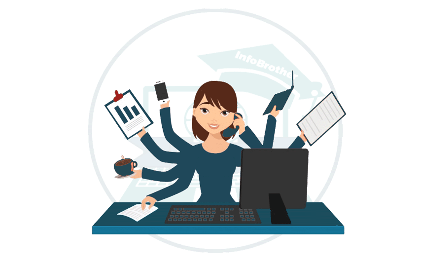 Cartoon Woman Juggling Tasks at Desk