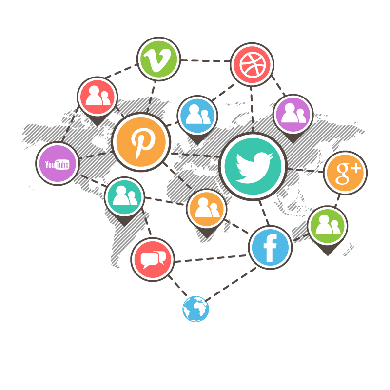 Colorful Social Network Icons over World Map