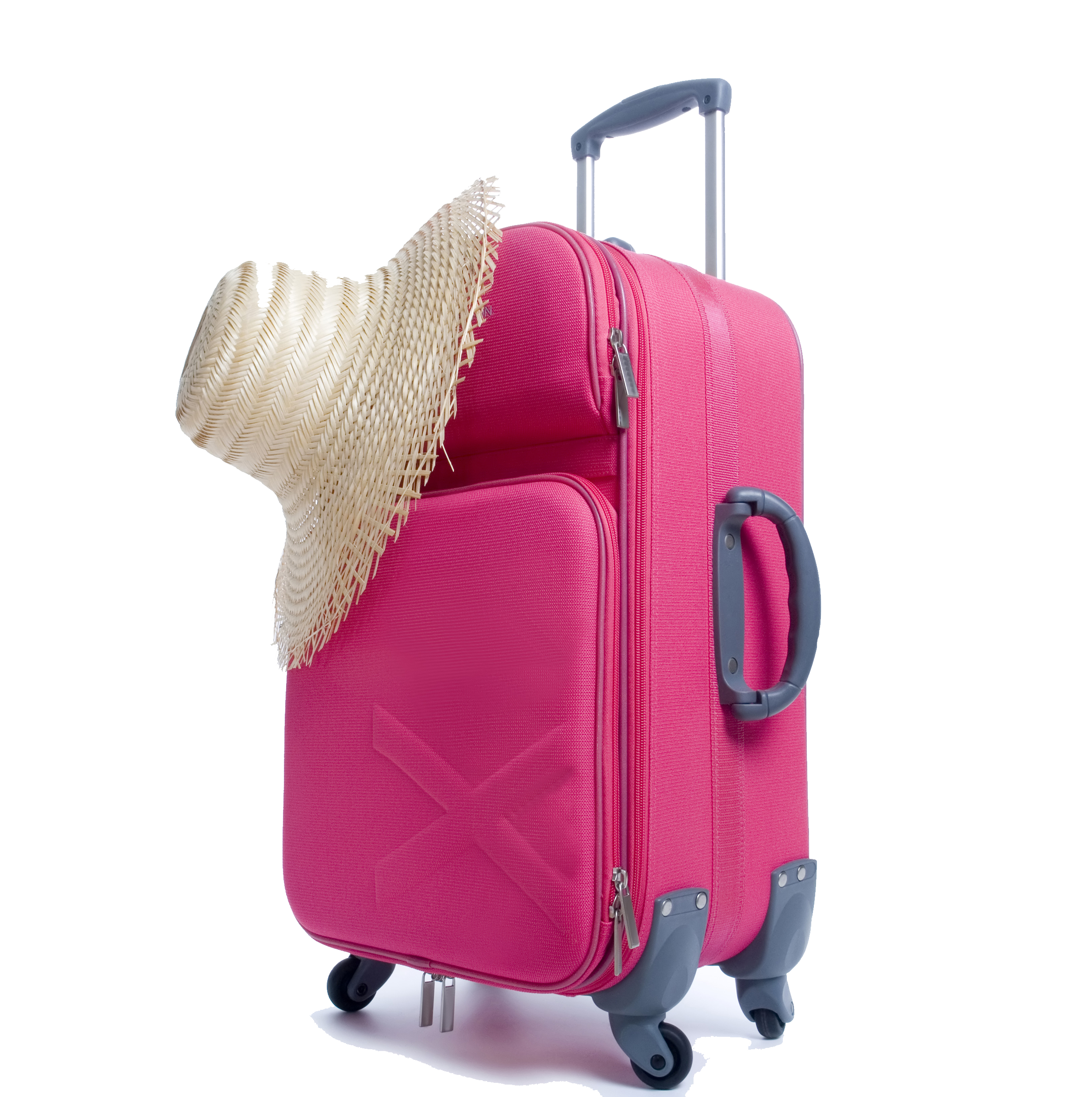air travel travel agent suitcase baggage pink straw hat and suitcase