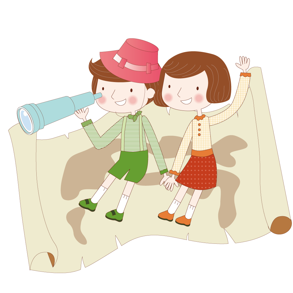 child travel cartoon illustration couple on the map reel