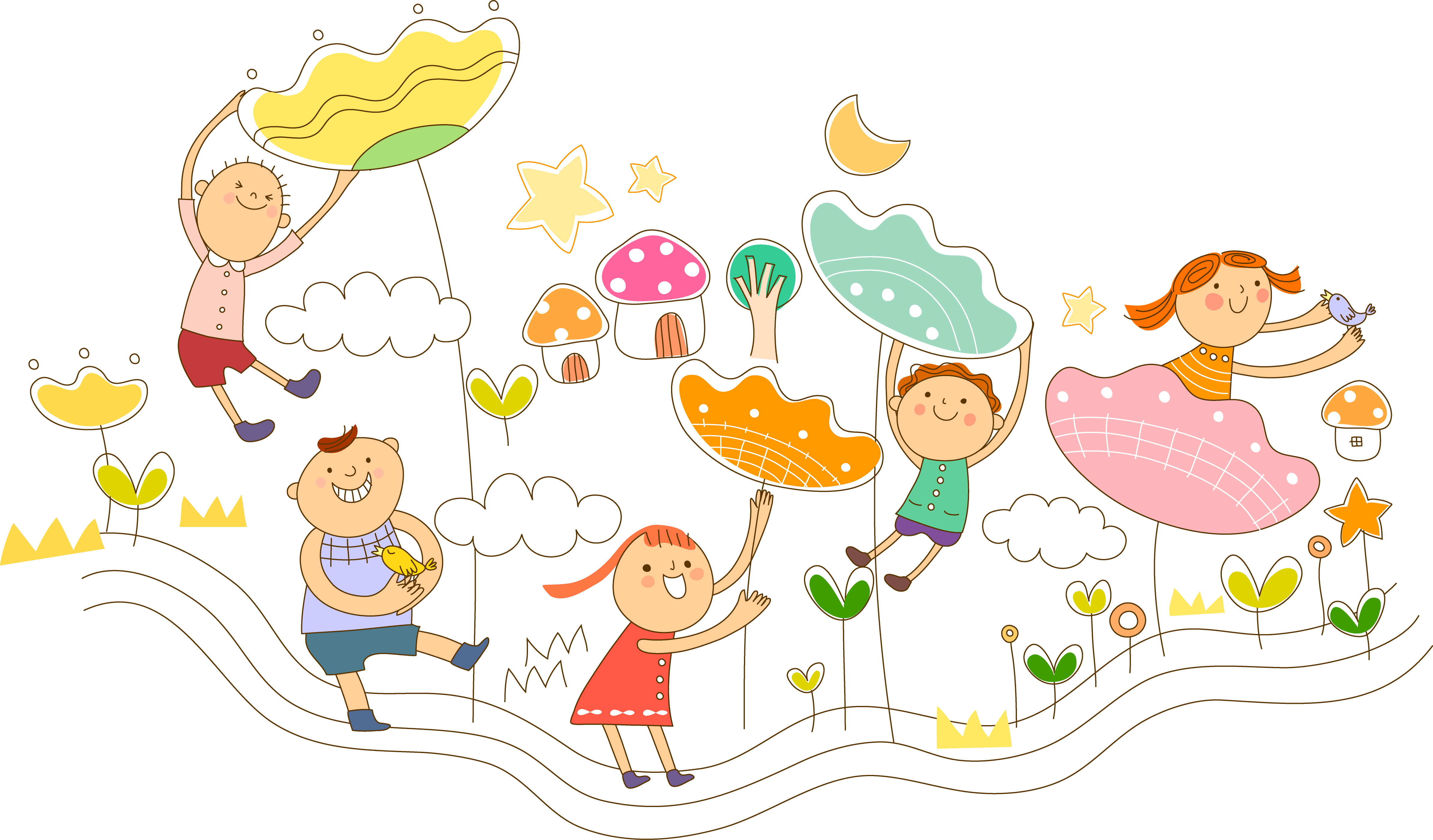 Cartoon Children Playing with Mushrooms and Stars