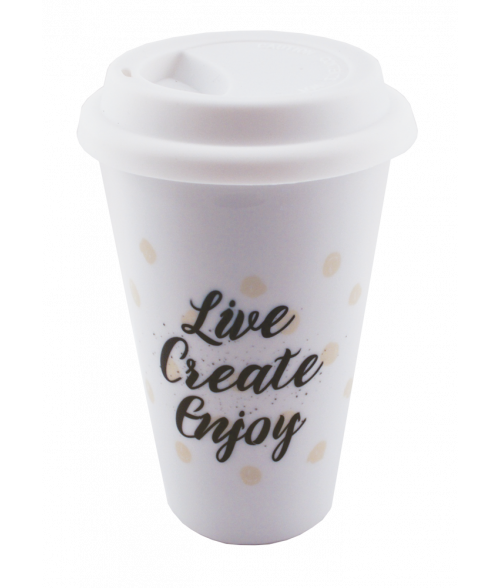 White Travel Mug with Black Script Lettering
