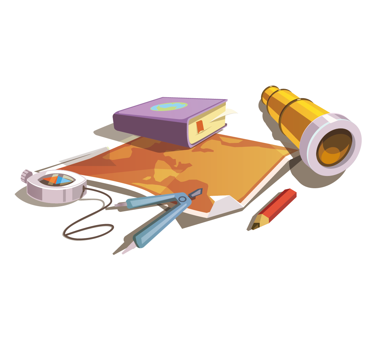 drawing pencil telescope compass map travel books