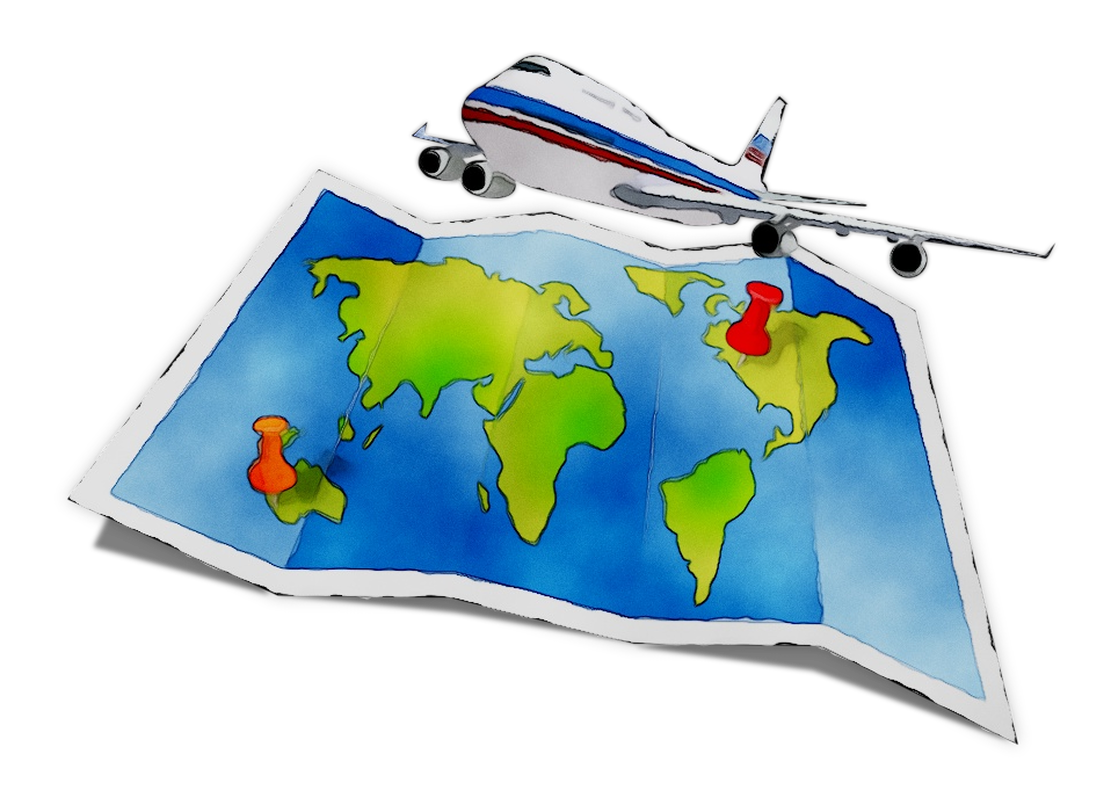 Airplane over Folded World Map with Pins